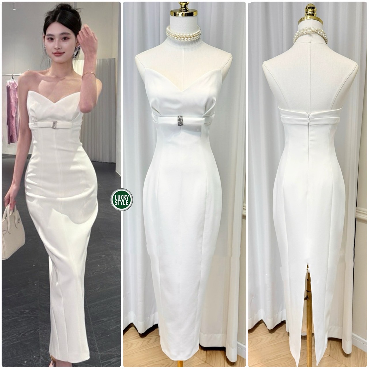 เดรสเป็นทรงเข้ารูป ตัวพื้นผ้าเป็นผ้าPoly ช่วงเอวติดโบว์เพชรสวยงาม เดรสใส่แบบพอดีตัวดูหวานหรู กระโปรงเปรี้ยวทรงสอบด้านหลังปลายกระโปรงแหวกสวยเรียบหรู