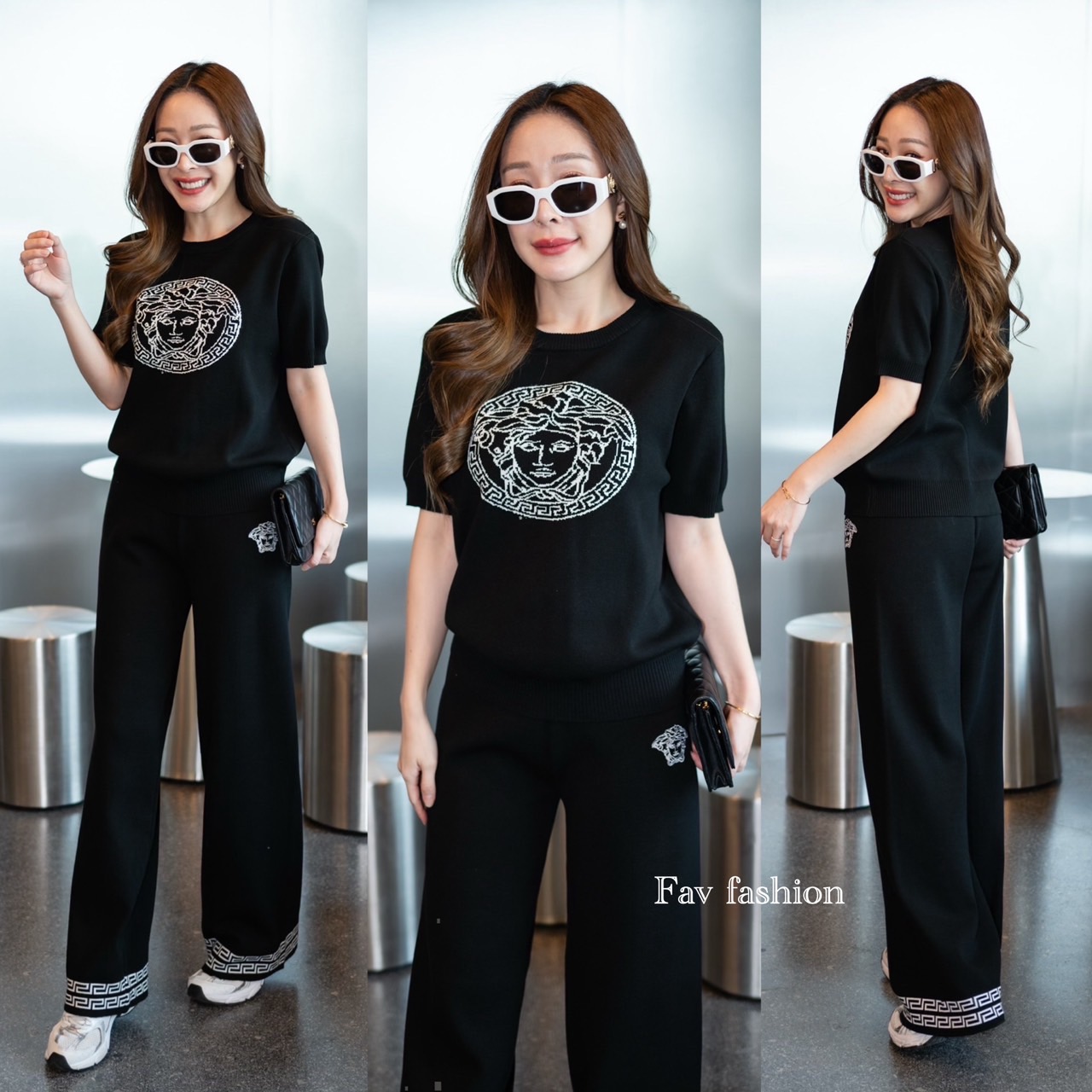 Set เสื้อ+กางเกงไหมพรม❣️ Set เสื้อไหมพรมแขนสั้นคอกลม มาพร้อมกางเกงขายาวเข้าชุด เอวยืดตามตัว ดีเทลปักลายแบรนด์ทั้งชุด งานผ้าไหมพรมเนื้อดี แพทเทิร์นสวยสุดๆ ผ้านุ่มใส่สบาย