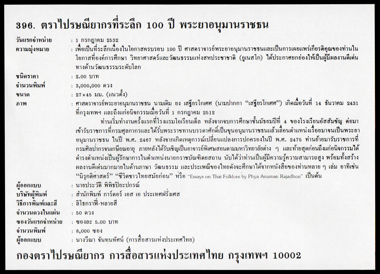 ซองวันแรกจำหน่าย 100 ปี พระยาอนุมานราชธน 2532