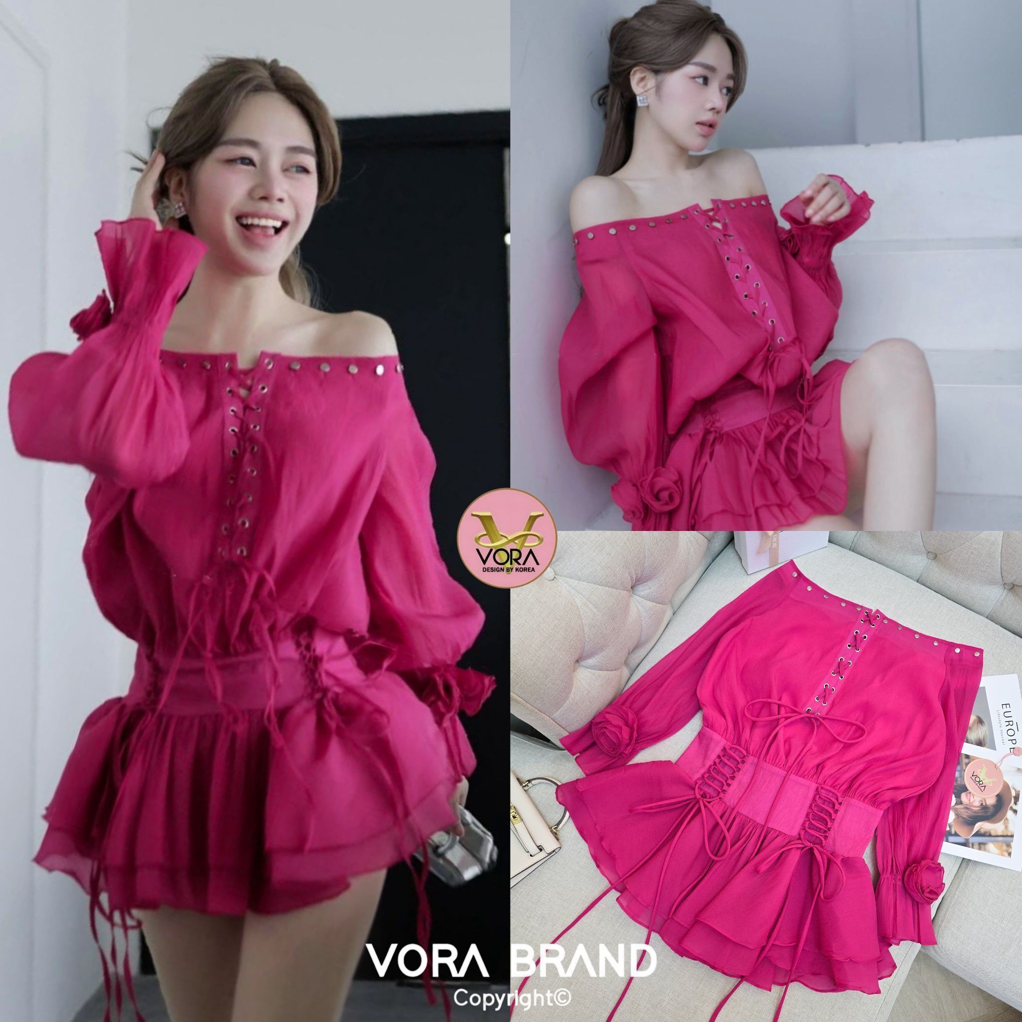 Dress สั้นปาดไหล่แขนยาวสม็อคบานปลายแขน แต่งเข็มกลัดดอกไม้ปลายแขน ช่วงไหล่แต่งตอกหมุด ด้านหน้าแต่งร้อยเชือกไขว้ผูกโบว์ เอวเข้ารุป แต่งร้อยเชือกด้านหน้า ช่วงกระโปรงจับจีบระบาย2ชั้น น่ารักมากค่ะ เนื้อผ้าใส่สบาย เป็นทรงสวยค่ะ มีซับในค่ะ