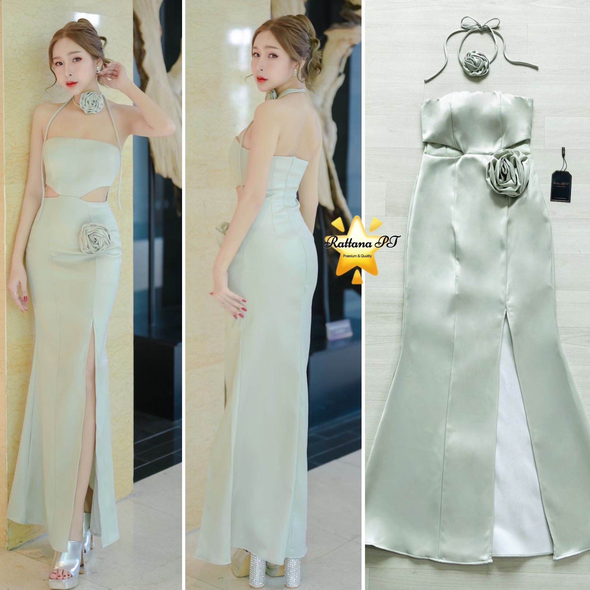 ชุดเดรสยาวสีเขียวมิ้น แต่งด้วยดอกไม้ผูกที่คอ และมีดอกไม้สามารถและถอดออกได้ติดตรงไหนก็ได้ เว้า2ข้างที่เอวสวยเก๋มาก ชุดมีซับในอย่างดี หน้าอกมีฟองน้ำ มีกันลื่นที่หน้าอก ผ่าด้านข้าง ชุดมีซิบด้านหลัง เนื้อผ้าซาติอย่างดีสวยดูแพง ใส่แล้วขับผิวให้สว่างขาวดูมีออร่