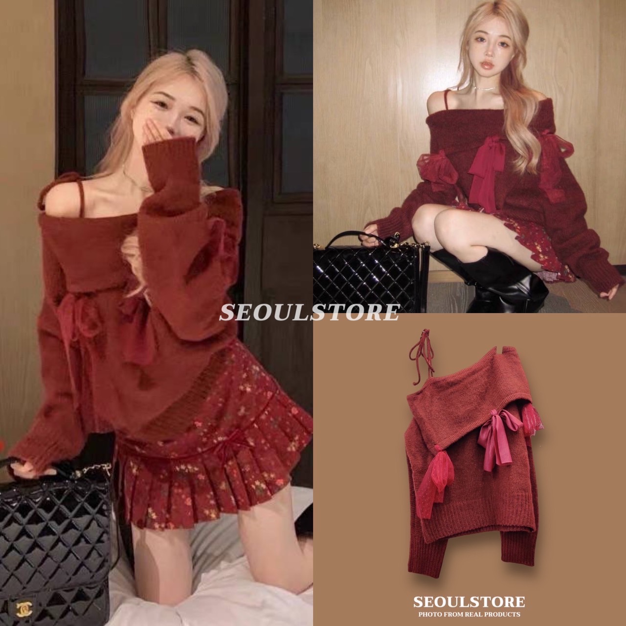 เสื้อแขนยาวปาดไหล่ แต่งโบว์ เว้าไหล่หนึ่งข้าง ผ้าไหมพรม เนื้อนุ่มใส่อุ่นสบายค่ะ