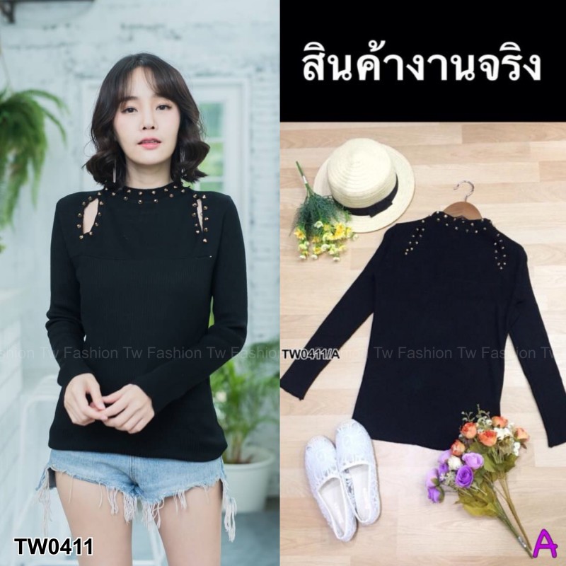 เสื้อไหมพรมเจาะบ่าแต่งหมุดเซ็กซี่สไตล์เกาหลีKorea style-สีดำ