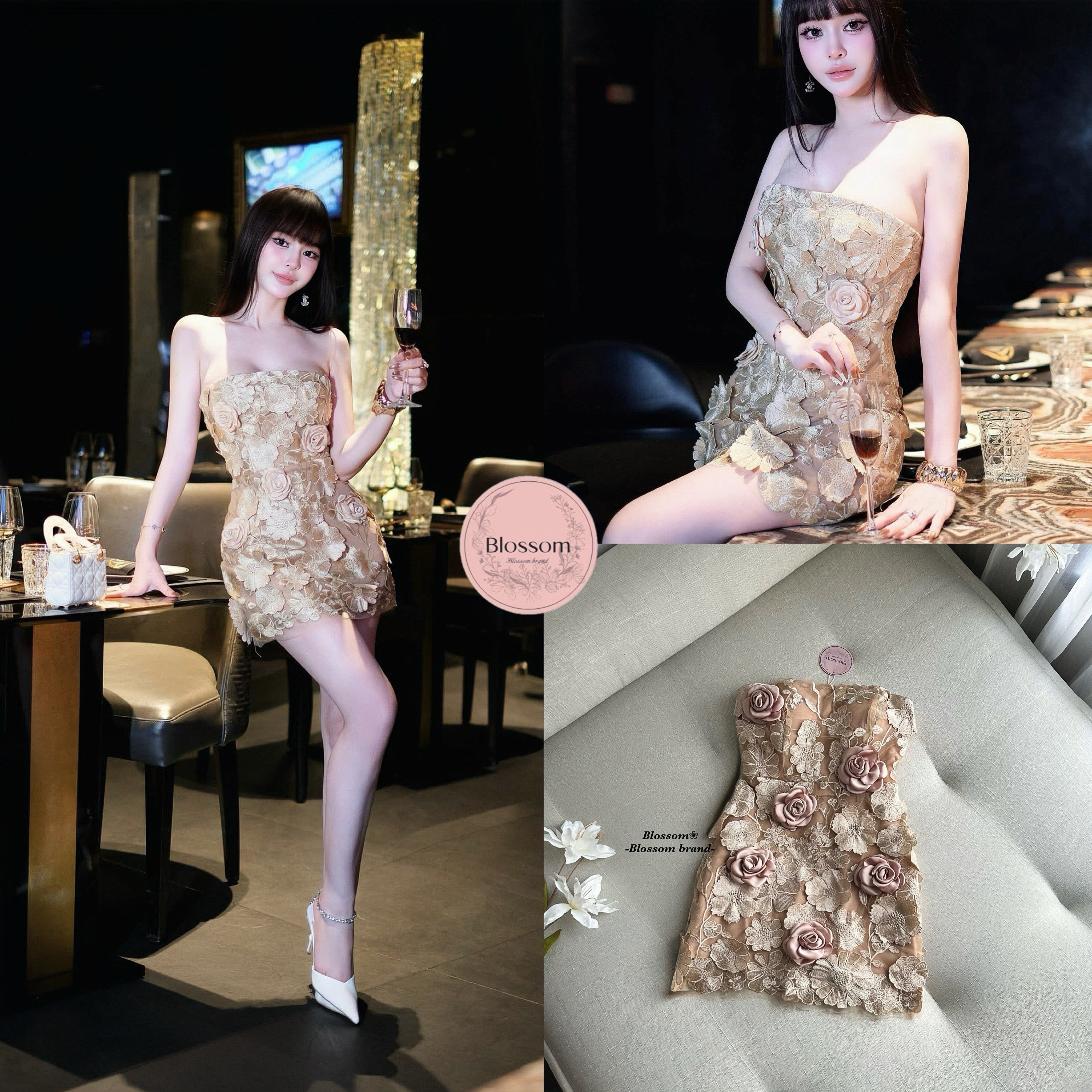 เดรสสั้นเกาะอก ออกแบบในสไตล์หรูหราเฉพาะตัว โดดเด่นด้วยงาน ปักลายดอกไม้และลูกไม้ 3 มิติ ทั้งตัว ให้เลเยอร์สวยเด่นแบบงานพรีเมียม ใส่แล้วช่วยขับผิวและทำให้ลุคดูแพง ช่วงหน้าอกมีฟองน้ำในตัว