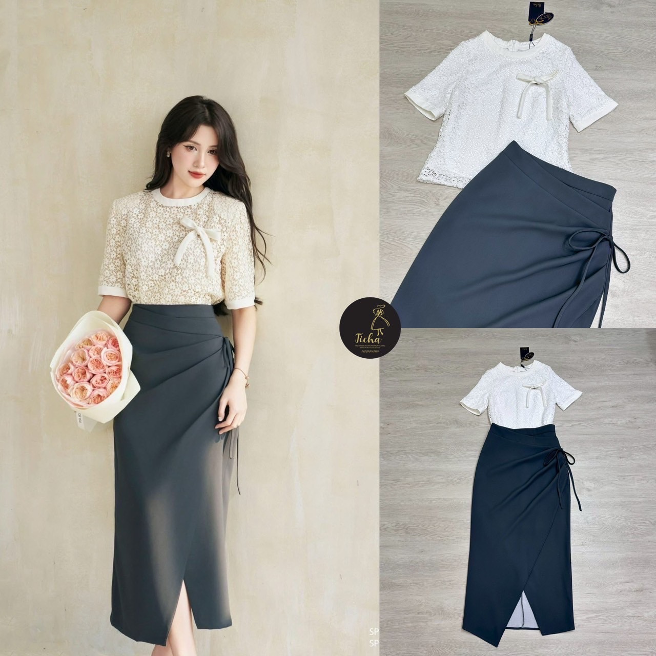 Set 2ชิ้น เสื้อแขนสั้น คอกลม ชิปหลัง ช่วง คอ แขน แต่งแถบกุ้นขาว เนื้อผ้าลูกไม้ทั้งตัวมีซับใน แมทซ์กับกระโปรงยาว ดีไซน์ช่วงเอวสองชั้น ด้านข้างแต่งจับจีบมาพร้อมสายผูกโบว์เหย็บติดด้านข้าง ด้านหน้าแต่งผ่าเฉียงยาว มีชิปหลัง ชับในสั้น งานสวย ใส่ออกมาดูดี luxury