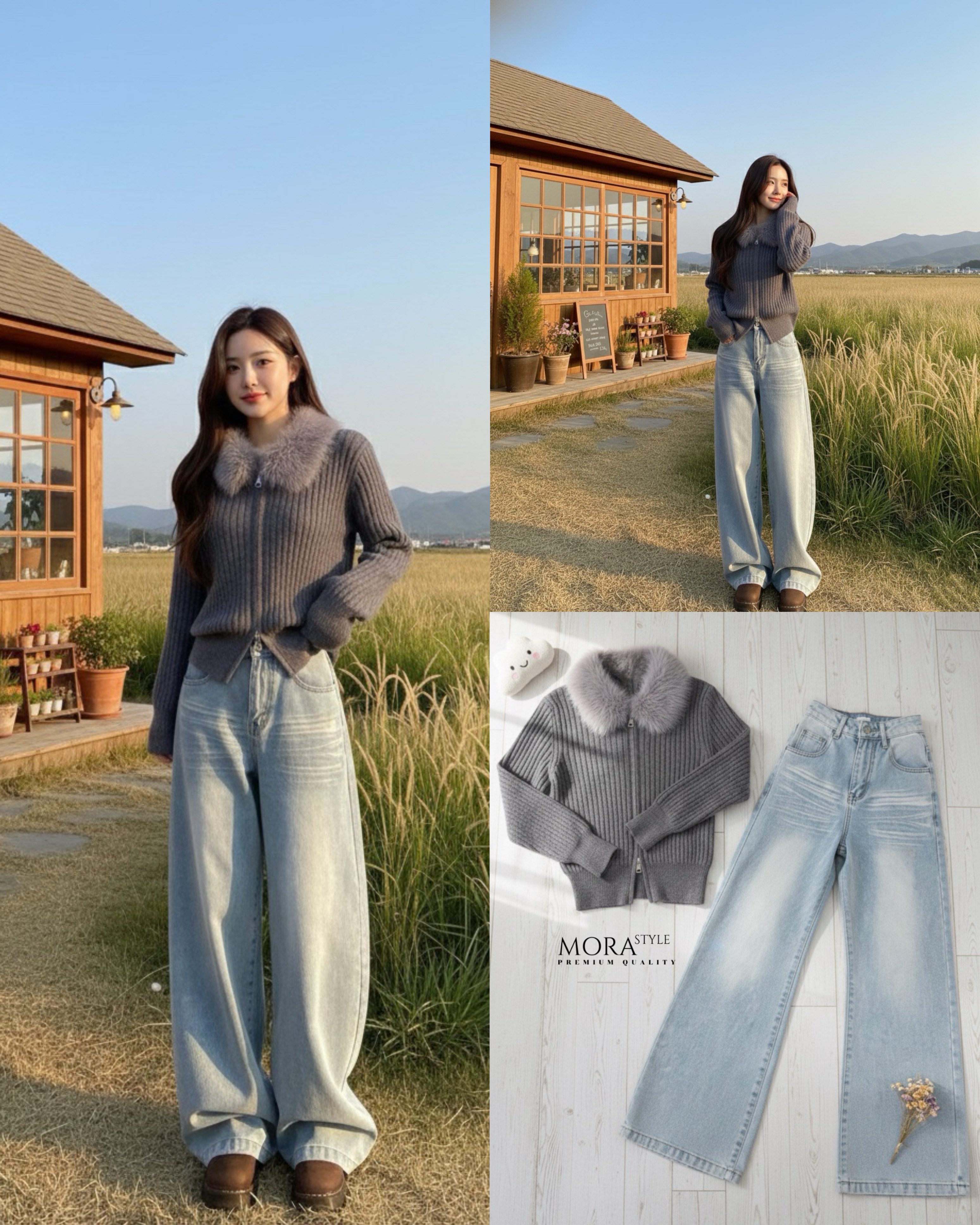 เซ็ท 2 ชิ้น เสื้อไหมพรมแขนยาวผ้ายืดหยุ่นใส่สบายแต่งขนเฟอร์ช่วงคอ มีซิปรูดด้านหน้า งานน่ารักมาก มาพร้อมกับกางเกงยีนส์เอวสูงขายาว ทรง บาเรล แต่งฟอกสียีนส์อ่อน ผ้าหนา ใส่แมทช์เที่ยวชิลล์ๆรับลมหนาวนี้ได้เลยนะคะ