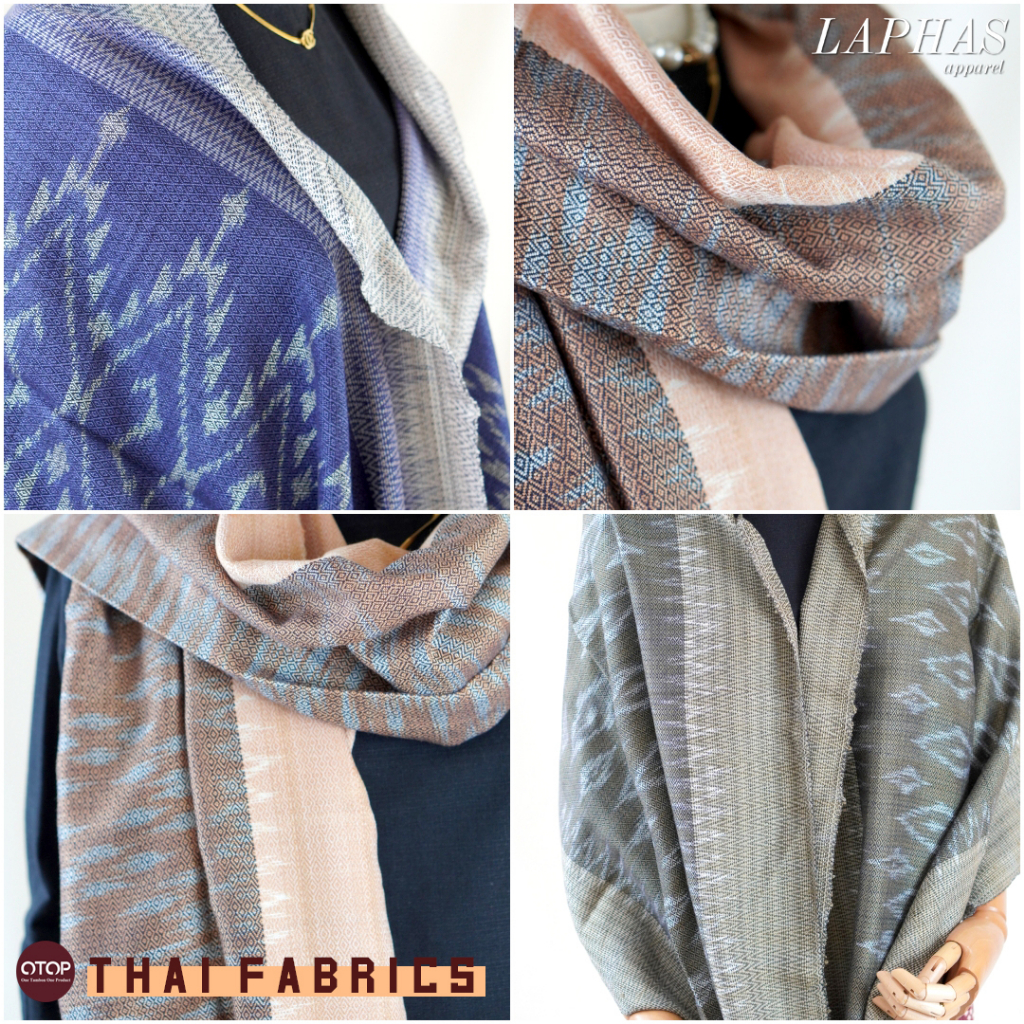 🌳 ผ้าพันคอทอมือ ทอมัดหมี่ ️ (ไม่รวมกล่อง) ผ้ามัดหมี่ทอยกดอก 4 ตะกอ ผ้านุ่ม ของขวัญพรีเมียม LOOM