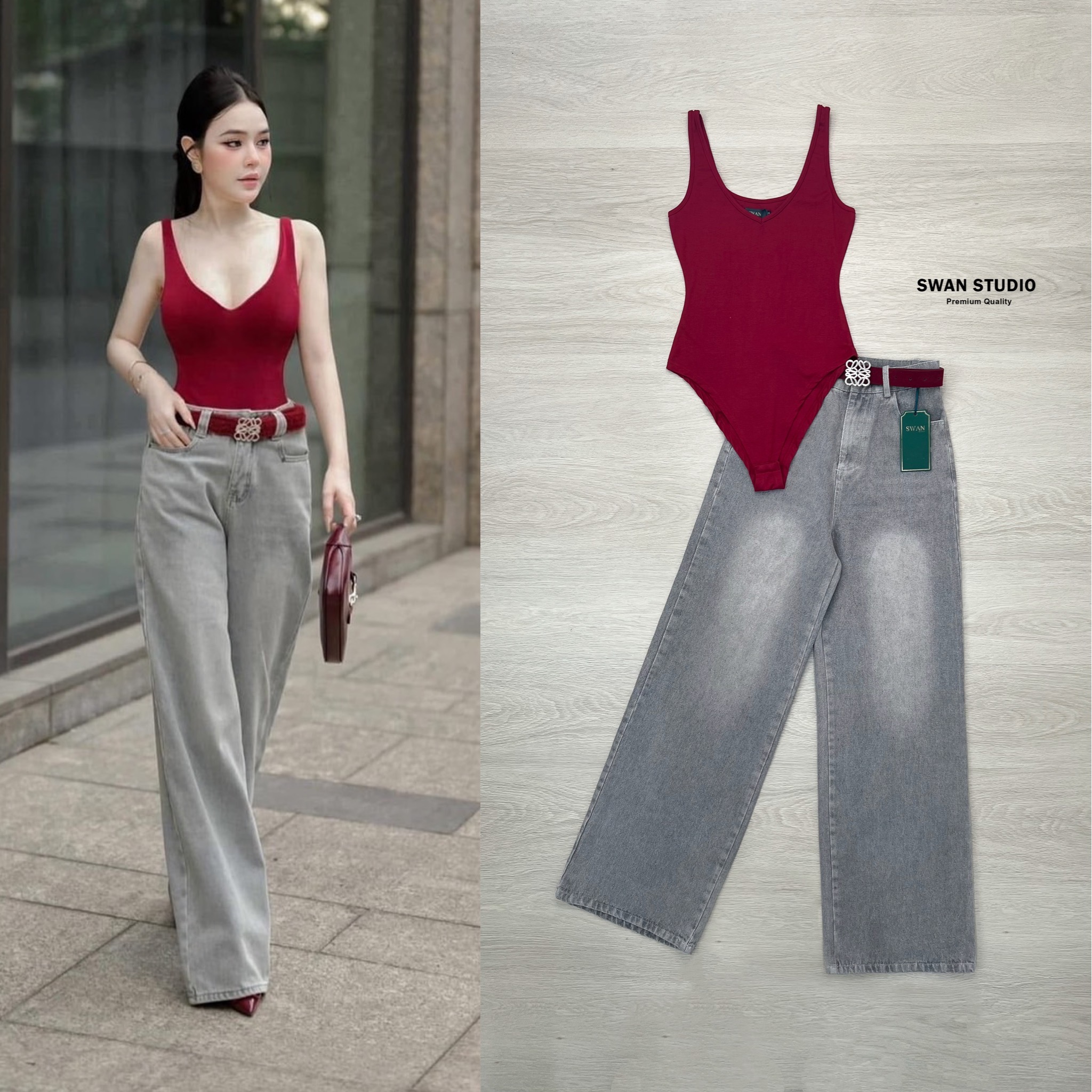 Set เสื้อกล้ามบอดี้สูทสีแดง + กางเกงยีนส์ขายาวสีเทาฟอก ทรงสวย + เข็มขัดรัดเอวสีแดง สวยแซ่บมาก ห้ามพลาดค่า