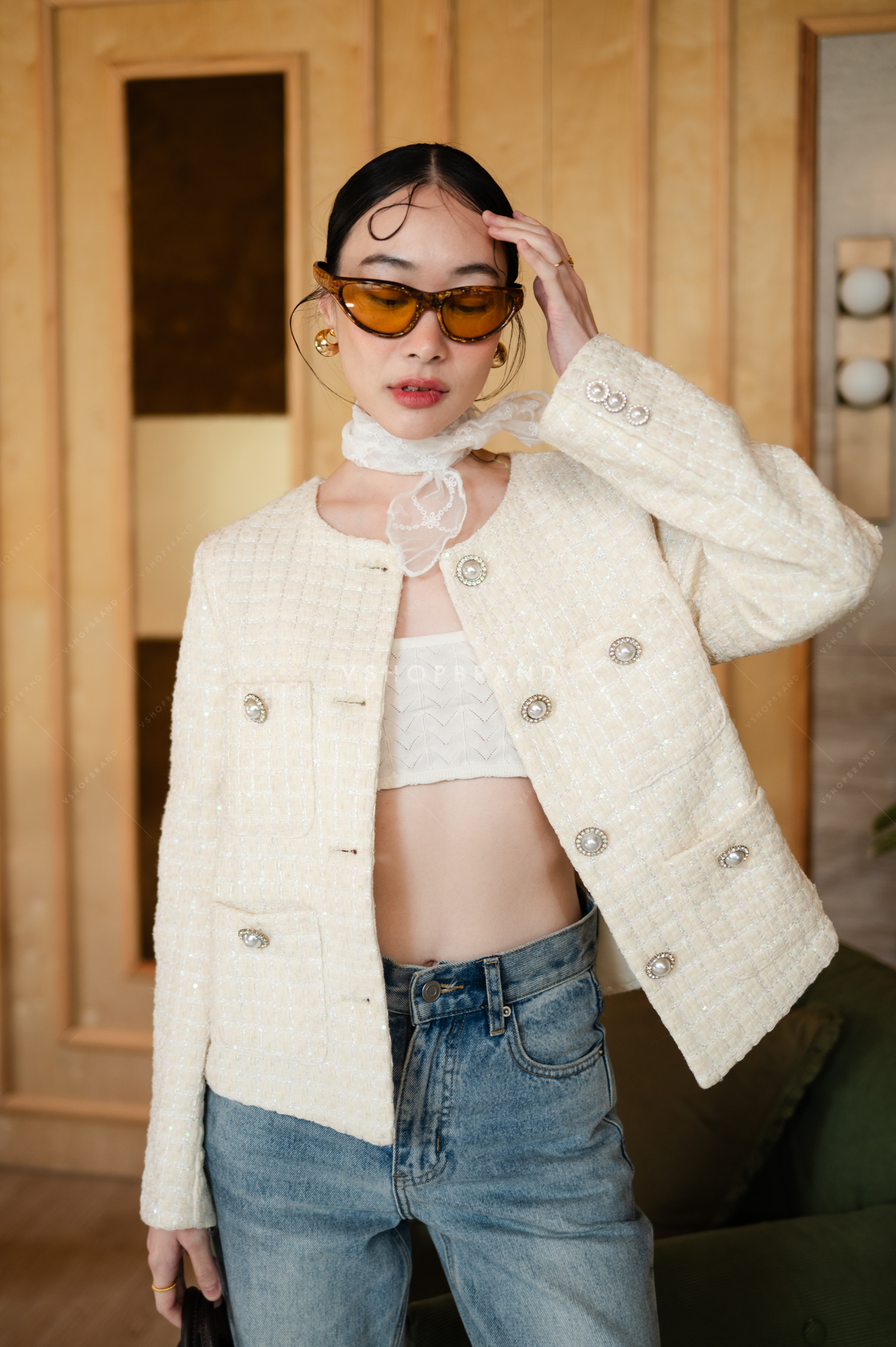 เสื้อคลุมผ้าทวิตทอตารางเลื่อม 4 กระเป๋า