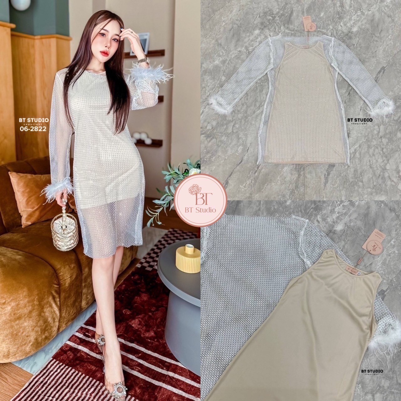 เซท 2 ชิ้น เดรสสั้นแขนยาว เนื้อผ้าตาข่ายแต่งคริสตัลเม็ดเล็ก ๆ ทุก ๆ ช่อง งานสวยม๊าก ปลายชายแขนแต่งขนฟู ๆ ทั้งสองข้าง มาพร้อมซับในสีนู๊ดแขนกุด แมทซ์กันสวย แซ๊บบ แต่ดูแพงค่ะ