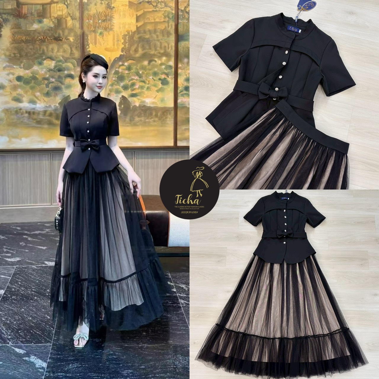 Set 2 ชิ้น สีดำเสื้อเบเซอร์คอจีนแขน ด้านหน้าดีเทลตีเกร็ตโค้งสวย และแต่งกระดุมดอกไม้เพชรเรียงยาวใช้งานได้จริงมาพร้อมเข็มขัดโบว์มรกระดุมแป๊ก มาคู่กับกระโปรงยาว แต่งผ้ามุ้งตาข่ายคลุมด้านนอกสีดำ มีชับในสีครีม(ซิปหลัง) งานสวย เนื้อผ้าดี คัตติ๊งเป๊ะคะ