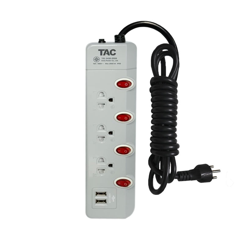 TAC รางปลั๊กไฟ รางปลั๊กพ่วง แบบ 3เต้ารับ ช่องเสียบ 4 สวิทย์ 2USB 5M SKU-01933