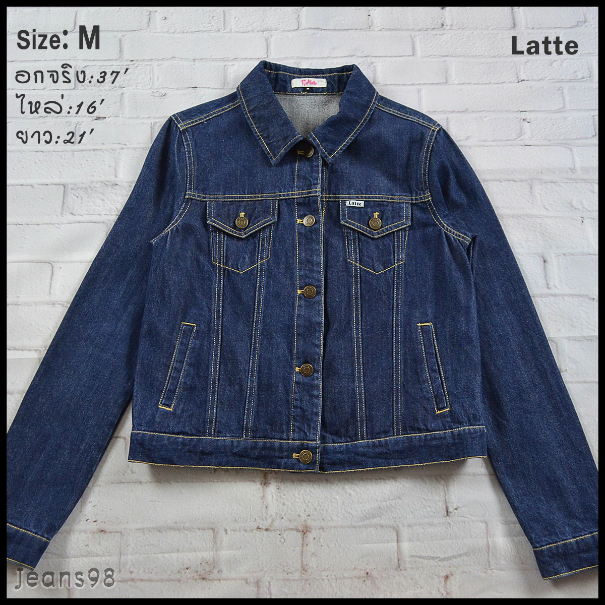 Latte อกจริง37' (M) เสื้อแจ็คเก็ตยีนส์ เสื้อยีนส์แขนยาวหญิงชาย สีเข้ม เนื้อผ้าดีไม่หนา ใส่สบายมีเป๋าข้างเป๋าใน ปักข้างหลัง