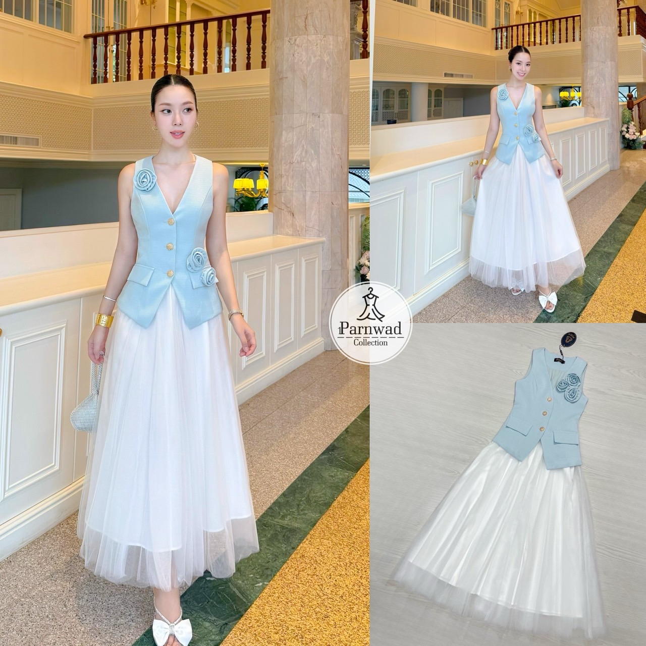 Set เสื้อคอวีแต่งกระดุมทองผ้าทอมีซับในไม่คัน แมทซ์กับกระโปรงผ้ามุ้งสองชั้นซับในสีขาว ประดับด้วยดอกไม้ 3D เป็นเข็มกลัด ติดตรงไหนก็ได้ตามใจชอบเลยน๊าาา ราคาดีมากกก #parnwadcollection #ชุดงานบุญ #ชุดไทย #ชุดไปวัด #งานตามหา