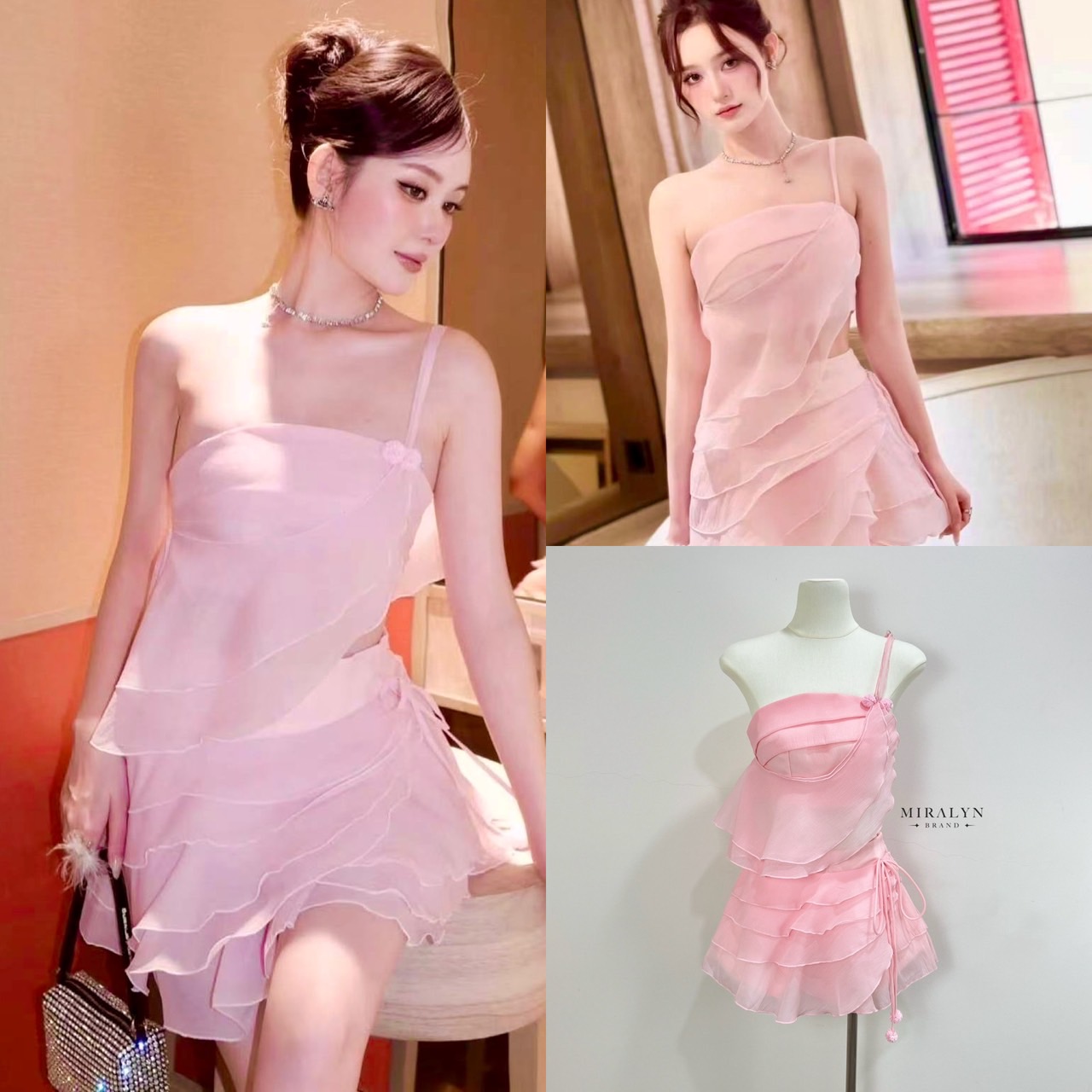 set 2 ชิ้น เกาะอกสายเดี่ยวหนึ่งข้างสีชมพูสวยหวานดีเทลระระบายรอบชุดอกเสริมฟองน้ำมีซิปหลัง มาคู่กับกางเกงกระโปรงงานซิปข้างด้านในเป็นกางเกงรอบด้วยระบายแต่งเชือกผูกโบว์ด้านข้างใส่คู่กันน่ารักมากควรมีเก็บไว้มากๆคะ