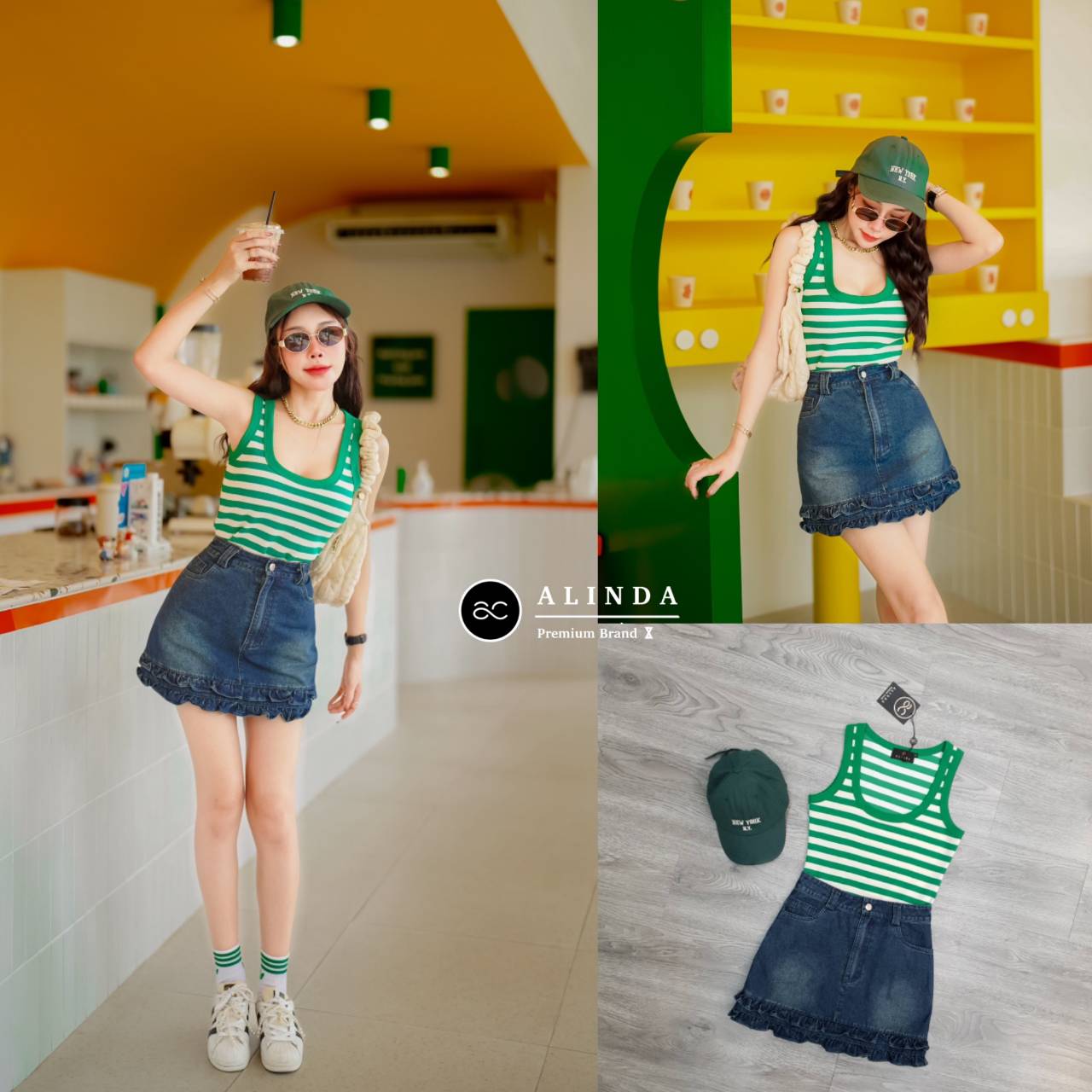ชุดเซ็ท3ชิ้นน่ารักงานตามหาเข้าแล้วนะคร้าา ชุดนี้ตัวเสื้อเป็นเสื้อกล้ามสีเขียว-ขาวเนื้อผ้าดีมาก มีน้ำหนักใส่เข้ารูป มาพร้อมกับกระโปรงยีนส์ฟอกแต่งปลายระบายจับจีบน่ารักๆ มีซับในเป็นกางเกงให้เรียบร้อย