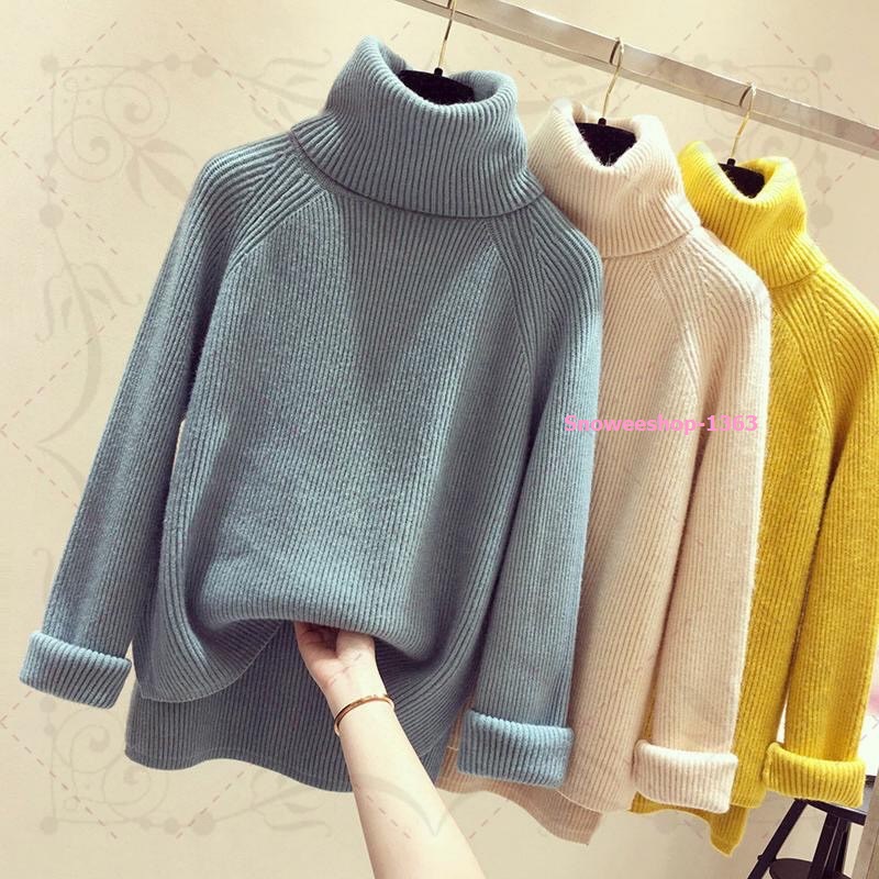 เสื้อสเวตเตอร์สไตล์เกาหลี เสื้อไหมพรมคอสูงฤดูใบไม้ร่วงและฤดูหนาวแขนยาวใส่แบบหลวมๆ ใส่ขึ้นเครื่องบิน มาพร้อม 7 เฉดสีมีไซให้เลือก