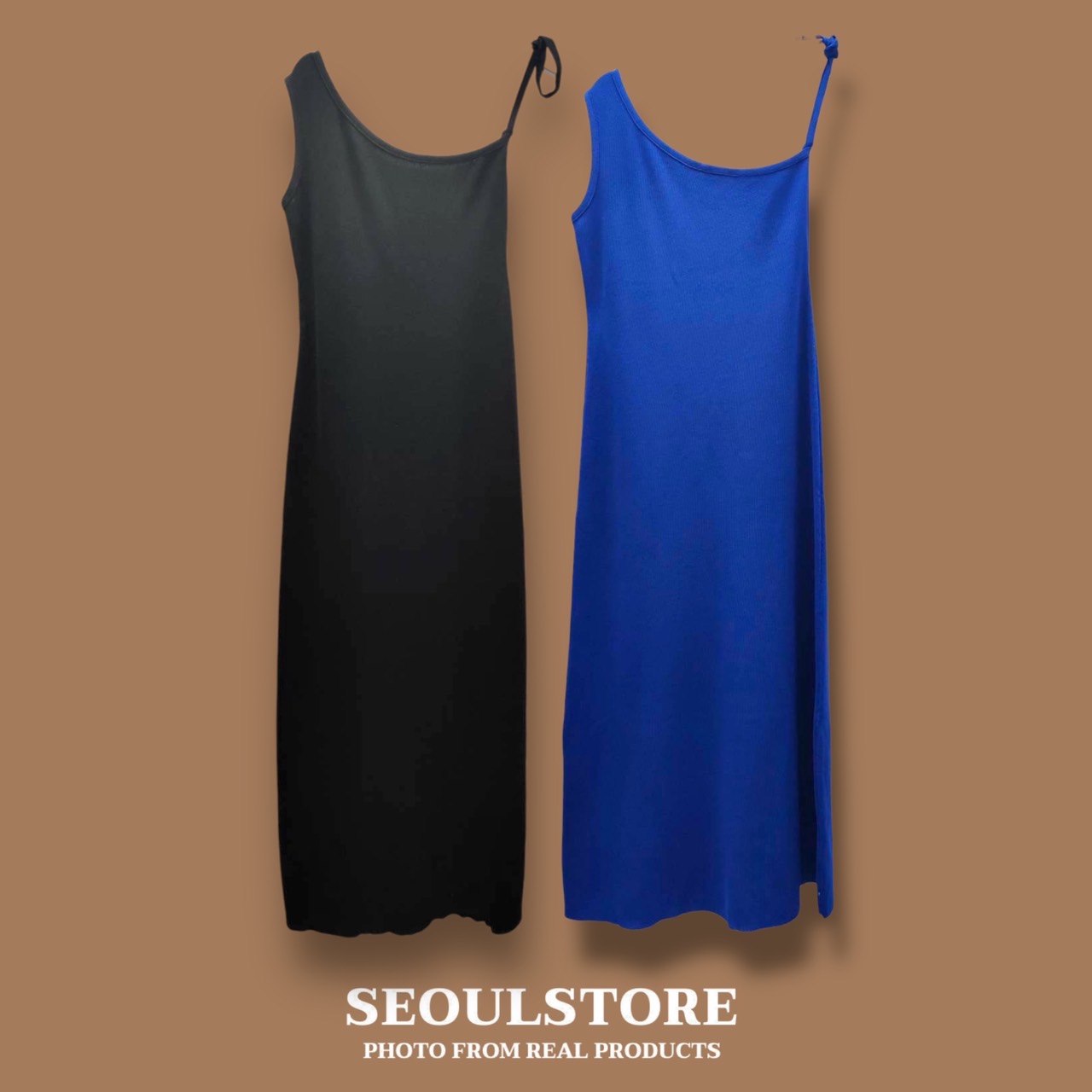 เดรสยาวสายเดี่ยวปาดไหล่ ผ้าถักยืดอย่างดี ใส่เข้ารูปสวย