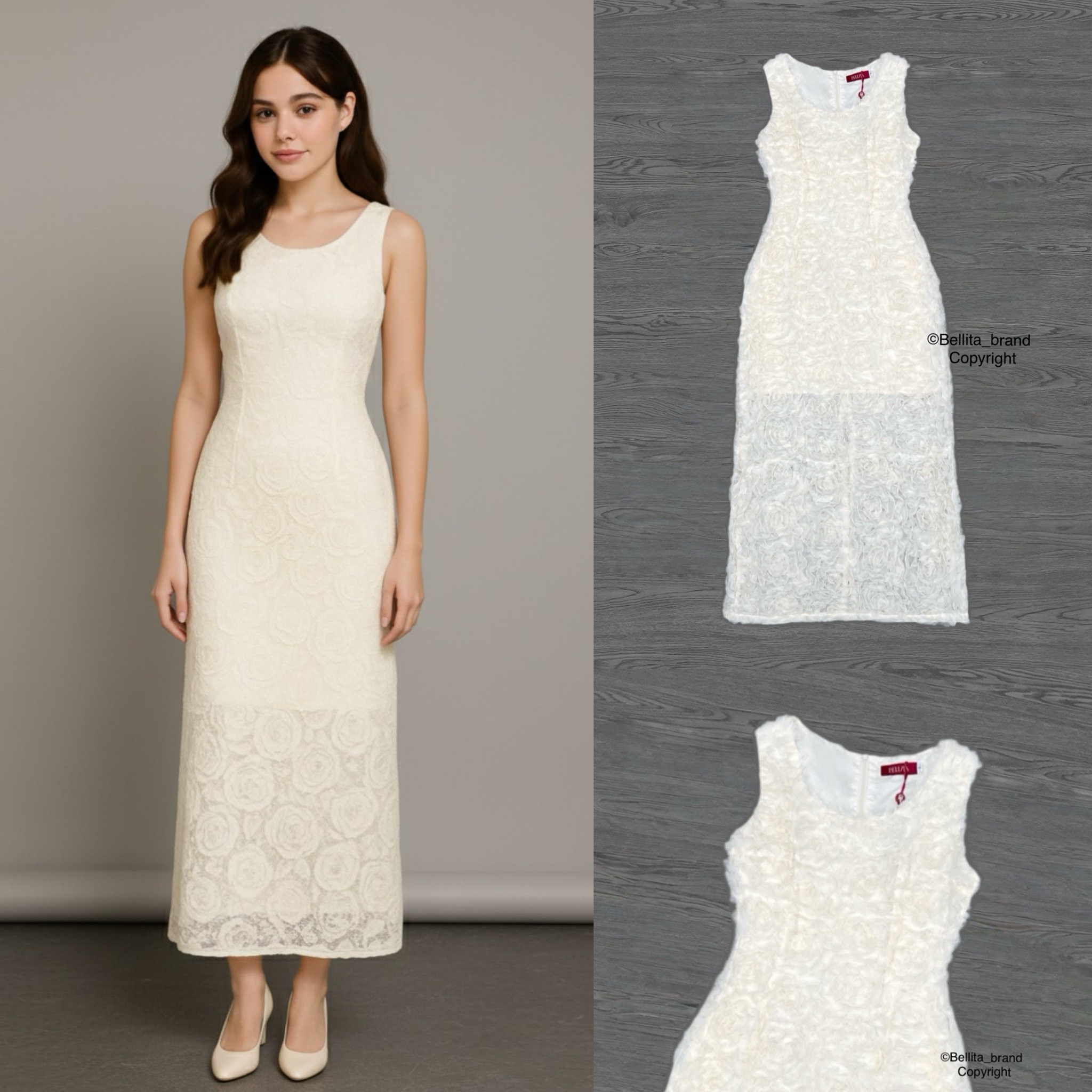 เดรสยาวผ้า 3D สีครีม คอกว้างแขนกุด เอวเข้ารูป ชุดสีครีม ผ้า 3D ลายดอกกุหลาบ มีซับใน ซิปด้านหลัง