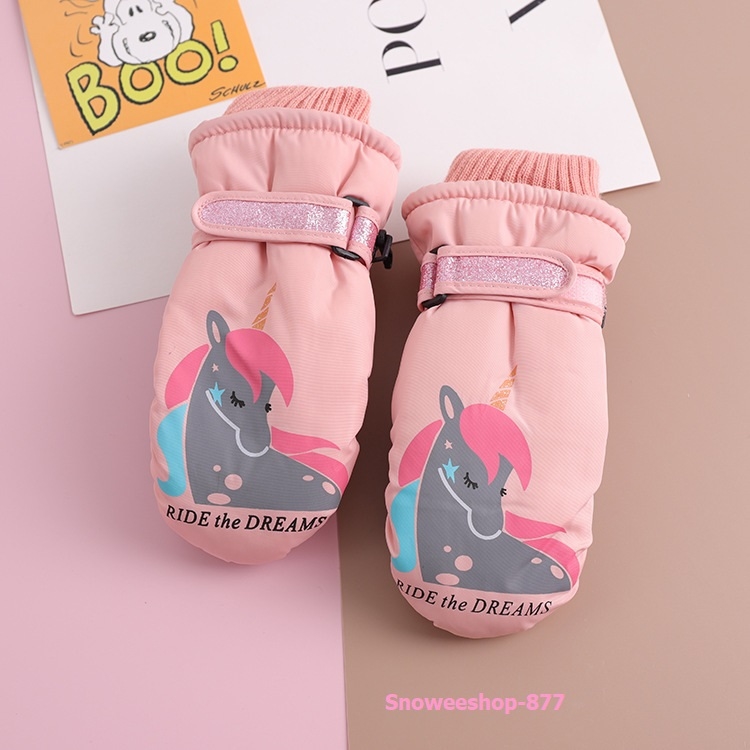 ถุงมือสกีถุงมือกันหิมะสำหรับเด็กบุหนากำมะหยี่เด็กลาย unicorn มี 5 เฉดสี 3-6 ขวบ