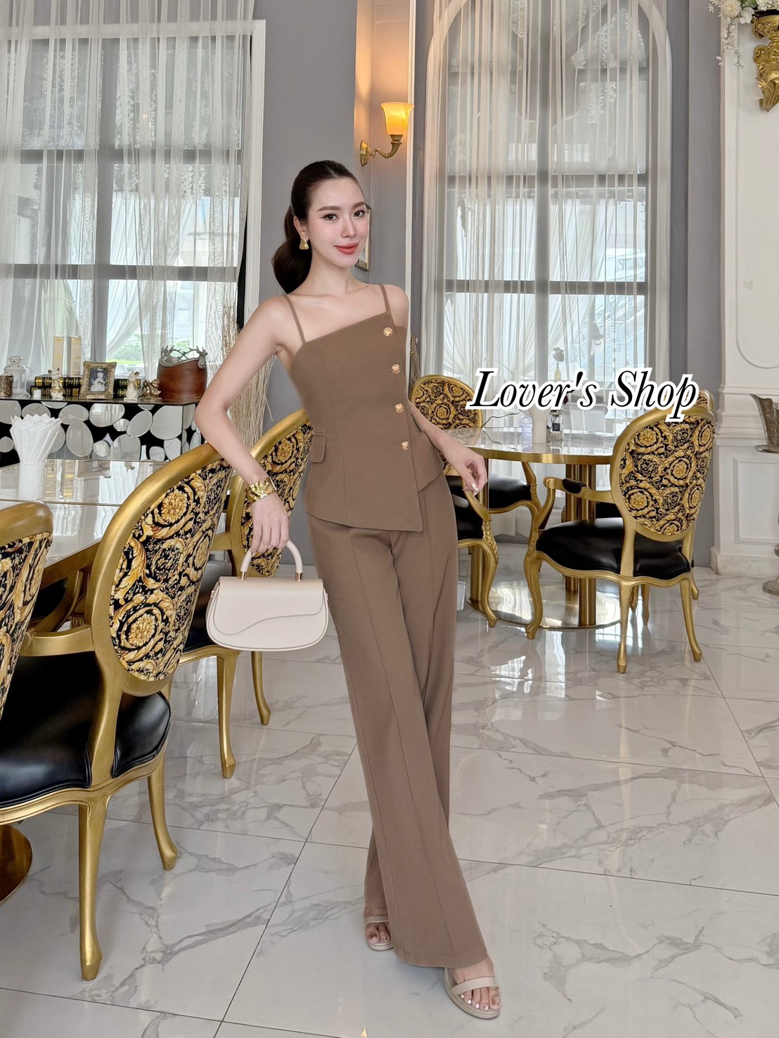 Teg : Lover’s Shop Detail : Set ยีนส์ 2ชิ้น สีน้ำตาล เสื้อ+กางเกง #LoveShop #เซ็ทกางเกงผ้าพื้น