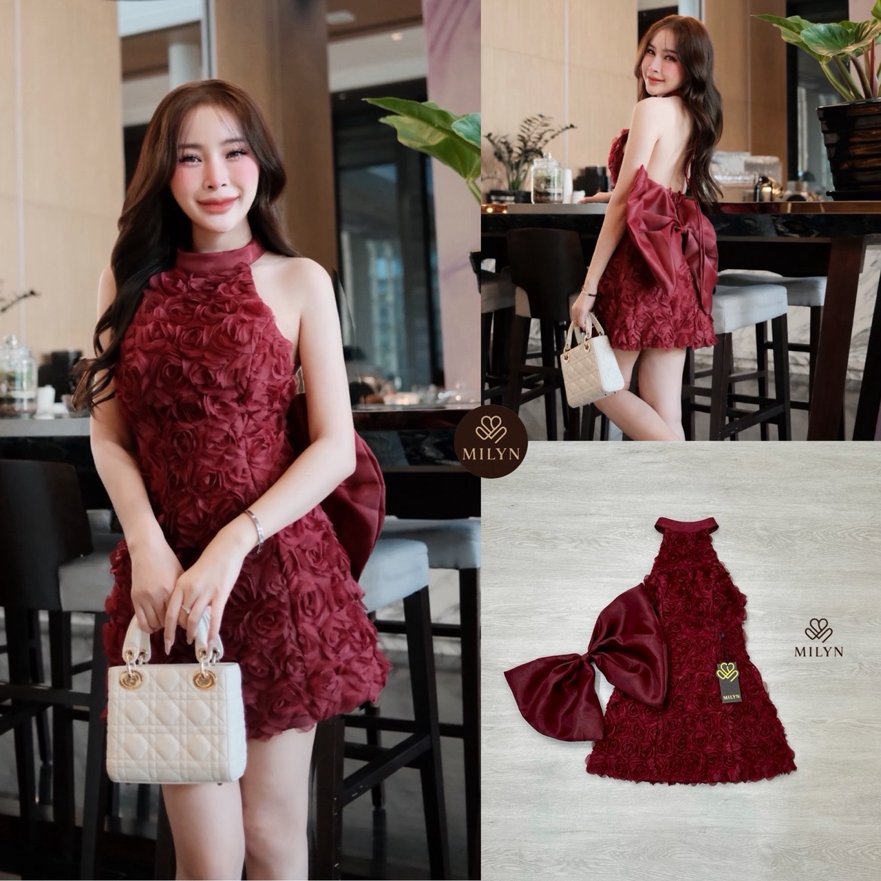 มินิเดรสแต่งดอกกุหลาบทั้งตัว ดีเทลเนื้อผ้าแบบ 3D ทำให้ชุดดูโดดเด่นมากขึ้น คอฮัลเตอร์ช่วยเสริมลุคให้ดูเพรียวและหรูขึ้นไปอีกขั้น ด้านหลังเปิดหลังสวย พร้อมโบว์ใหญ่สุดละมุนเป็นไฮไลต์ของชุด