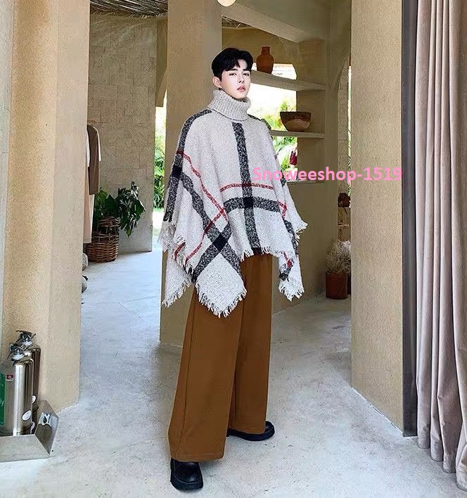 ผ้าคลุมไหล่ผู้ชาย ผ้าแคชเมียร์ผสมไหมพรมสไตล์ตะวันตกใส่กันหนาว กันลม กันหยดน้ำได้ดี ลายวินเทจแบบสวมแต่งปกคอสูงใส่สบาย มี 2 สี ฟรีไซ