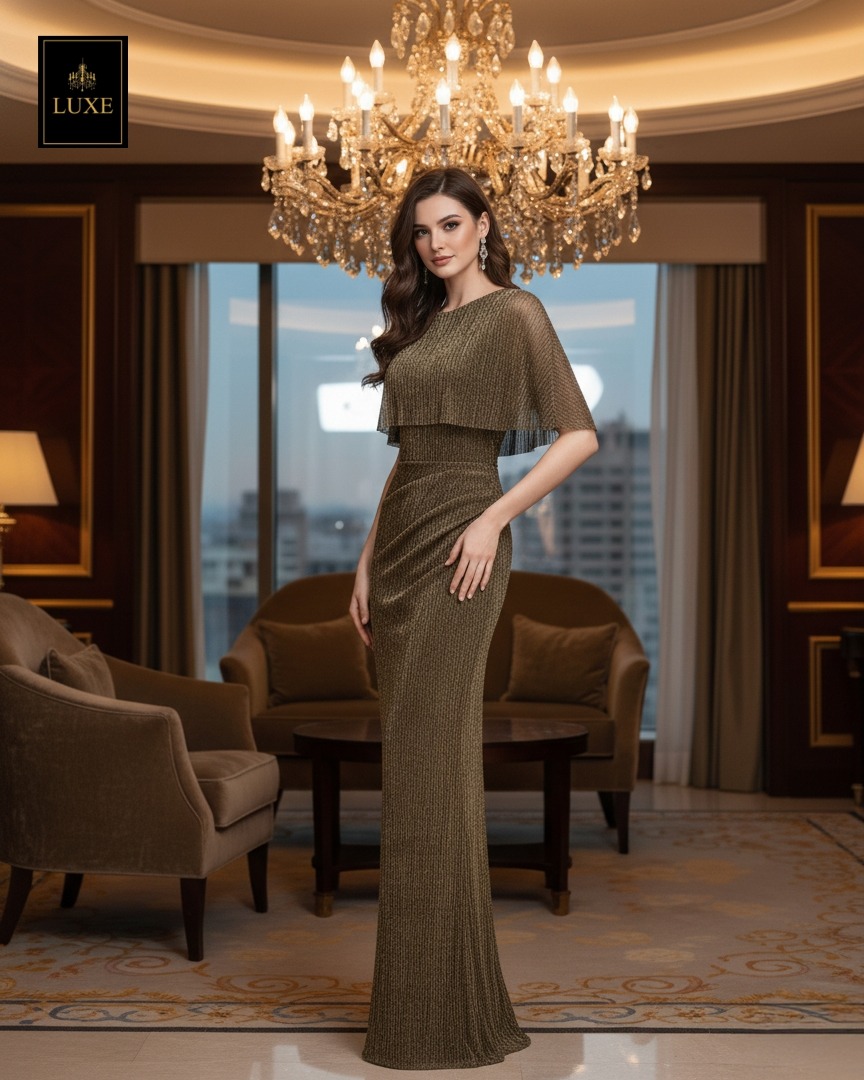 Label : LUXE ☑️ เดรสเสื้อคอกลมแขนกุด ดีเทลเป็นเสื้อคลุมไหล่ในตัว กระโปรงทรงสอบจับเดรป ☑️ ทำจากผ้าราเม่อัดพลีท ผสมดิ้นเมทัลลิค มีประกายเล่นแสงสวย ผ้านุ่มยืดหยุ่น คัตติ้งประณีต ☑️ มีซิปซ่อนและซับในเต็มตัวค่ะ