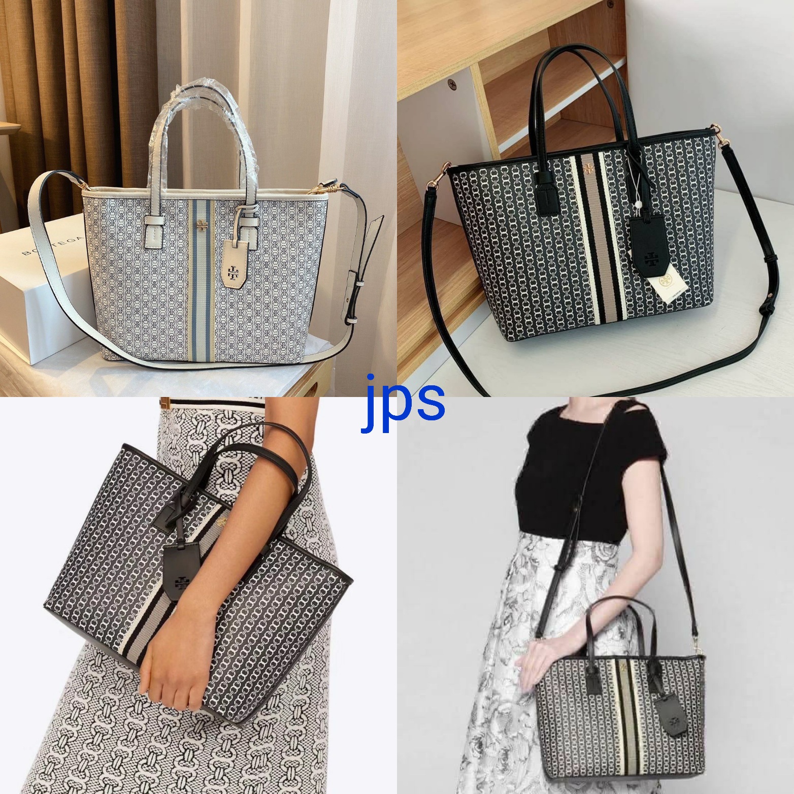 กระเป๋าสะพายทรงโท้ทแบรนด์เนมทอรี่เบิร์ชสีดำสีขาวลายคาด TORY BURCH GEMINI TOTE BAG
