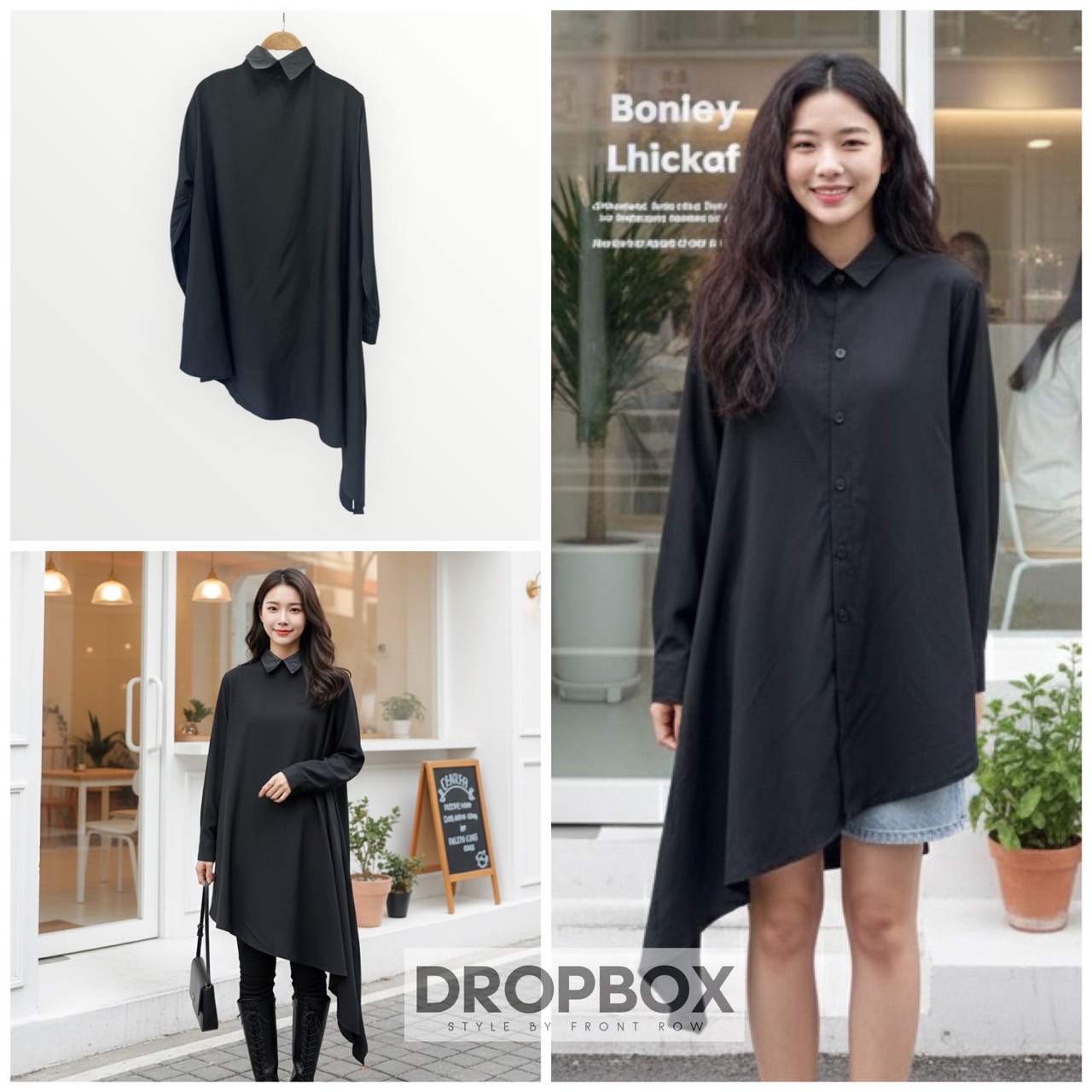 One Side Long Black Shirt เสื้อเชิ้ตสีดำส่งโอเวอร์ใสชายเฉียงด้านหนึ่งรุ่นนี้เก๋มากคือใส่ได้ทั้งสองด้านด้านหน้าและด้านหลังด้านหนึ่งจะมีกระดุมด้านหนึ่งจะเป็นเรียบเรียบสามารถใส่ได้ทั้ง2แบบ