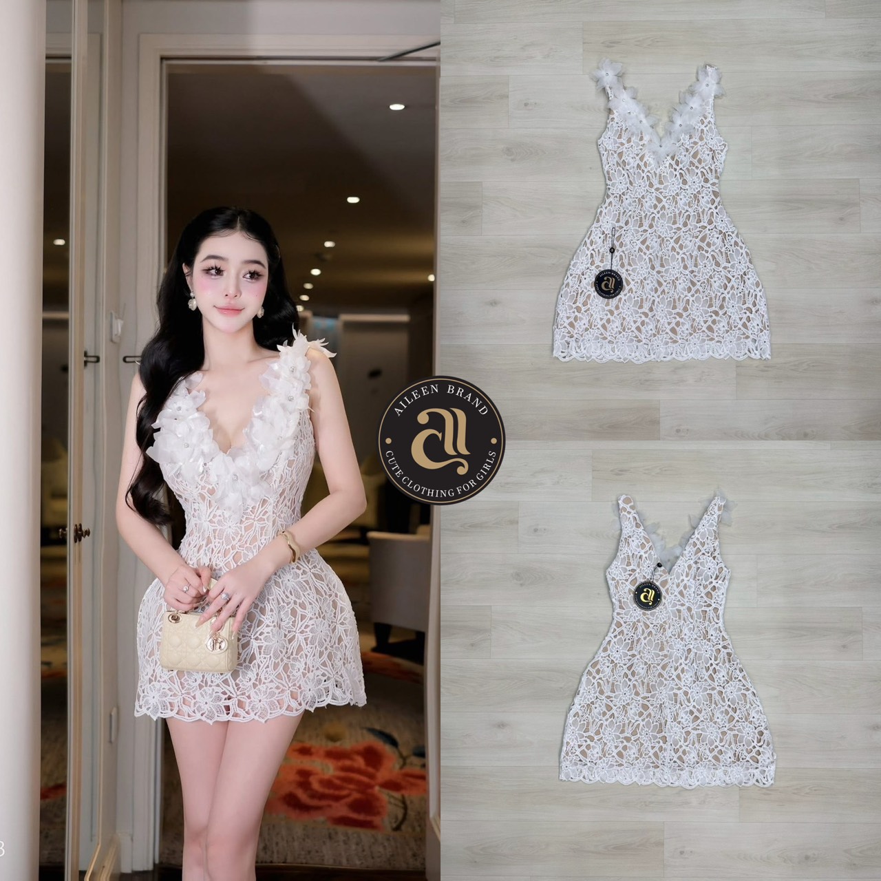 มินิเดรสสีขาว ดีเทลผ้าลูกไม้ทั้งชุด มีซัปในสีครีมมาอย่างดี ไม่ต้องกลัวโป๊ ช่วงอกเสริมฟองน้ำ แต่งดอกไม้ 3D สีขาวบริเวณคอและไหล่ มีคริสตัลติดกลางดอกไม้ (อกเสริมฟองน้ำ) งานสวยเนื้อผ้าดี มีชับใน ซิปหลังซ่อนอย่างดี ใส่ออกมาทรงสวย น่ารักสุดๆ ห้ามพลาดนะคะ