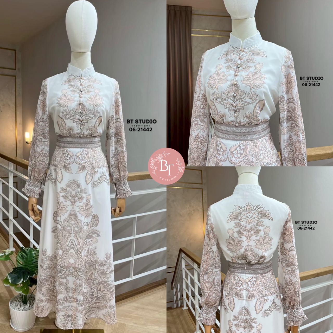 ชุดเซทเสื้อแขนยาวกระดุมหน้าแขนยาวคอปก มาพร้อมกระโปรงยาวแต่งผ้าพริ้ว ๆ งานพิมพ์ลายตามแบบ งานสวยเนื้อผ้าดีคัตติ๊งเป๊ะ