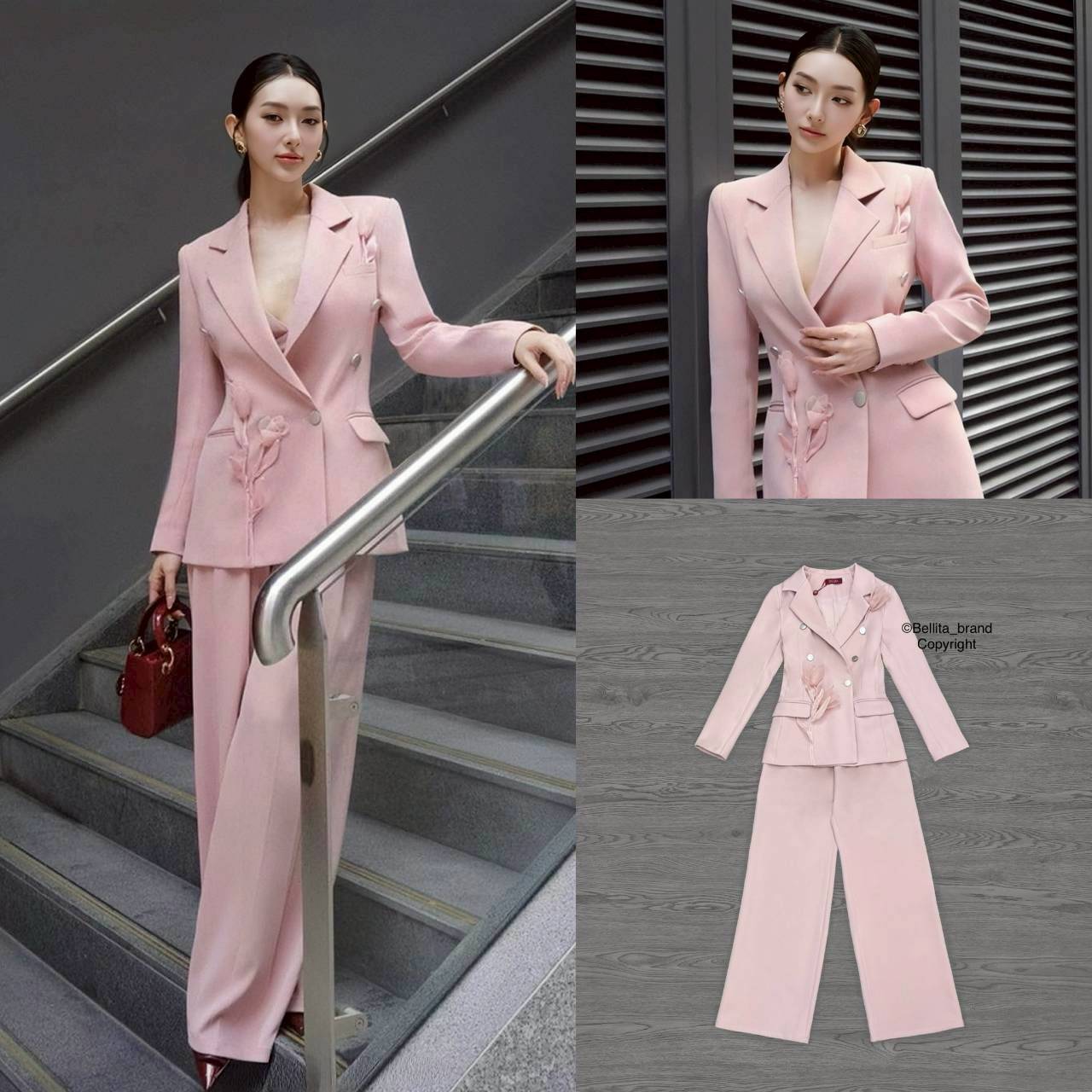 ชุดเซ็ทสูท 2 ชิ้น สีชมพู เสื้อสูทตัวยาว แขนยาว แต่งดอกไม้ กระดุมด้านหน้า มากับกางเกงขายาวเข้าเซ็ทสุดๆๆ