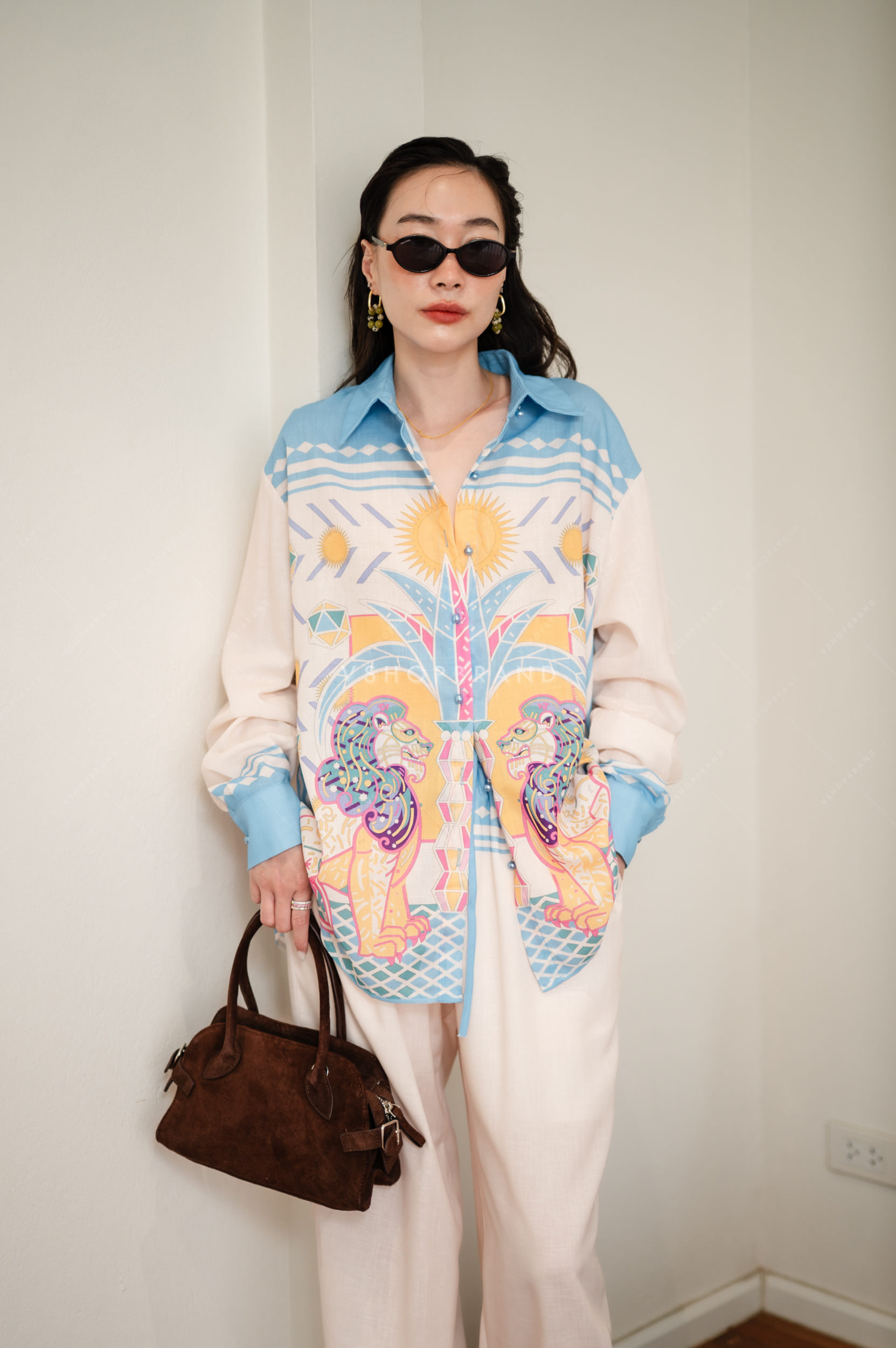 Set เชิ้ตแขนยาวทูโทนลายอียิปต์ + กางเกงขายาว