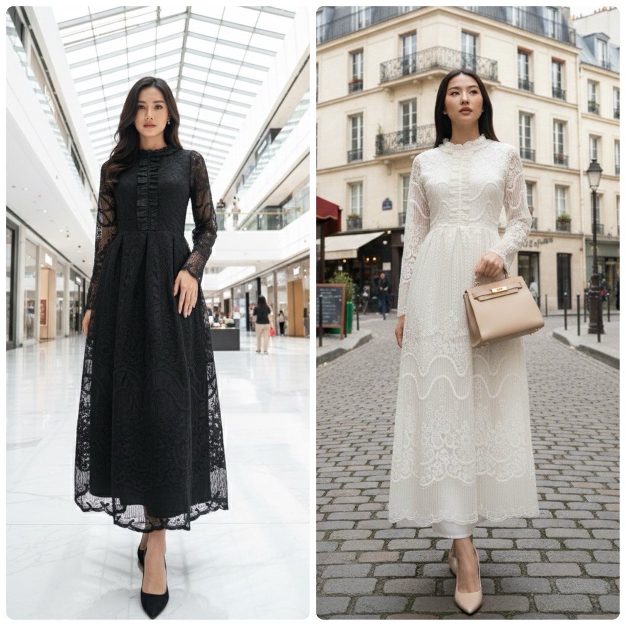 เดรสยาวแขนยาวปักลาย มีสีครีมและสีดำ