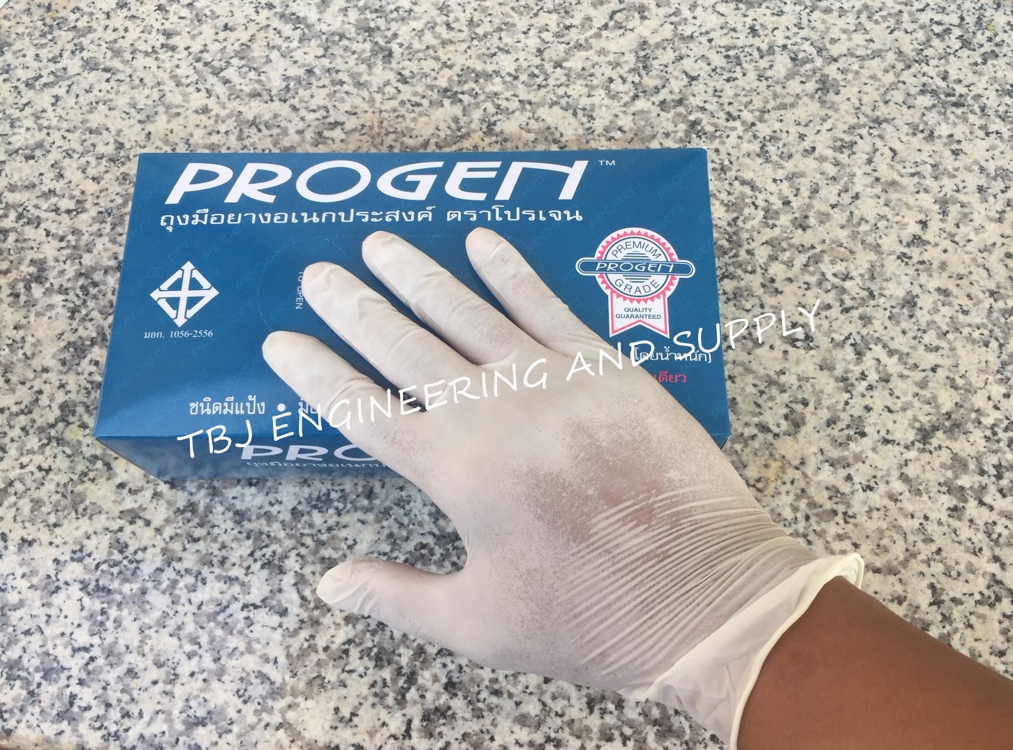 ถุงมือแพทย์ ถุงมือยาง แบบมีแป้ง Brand : Progen