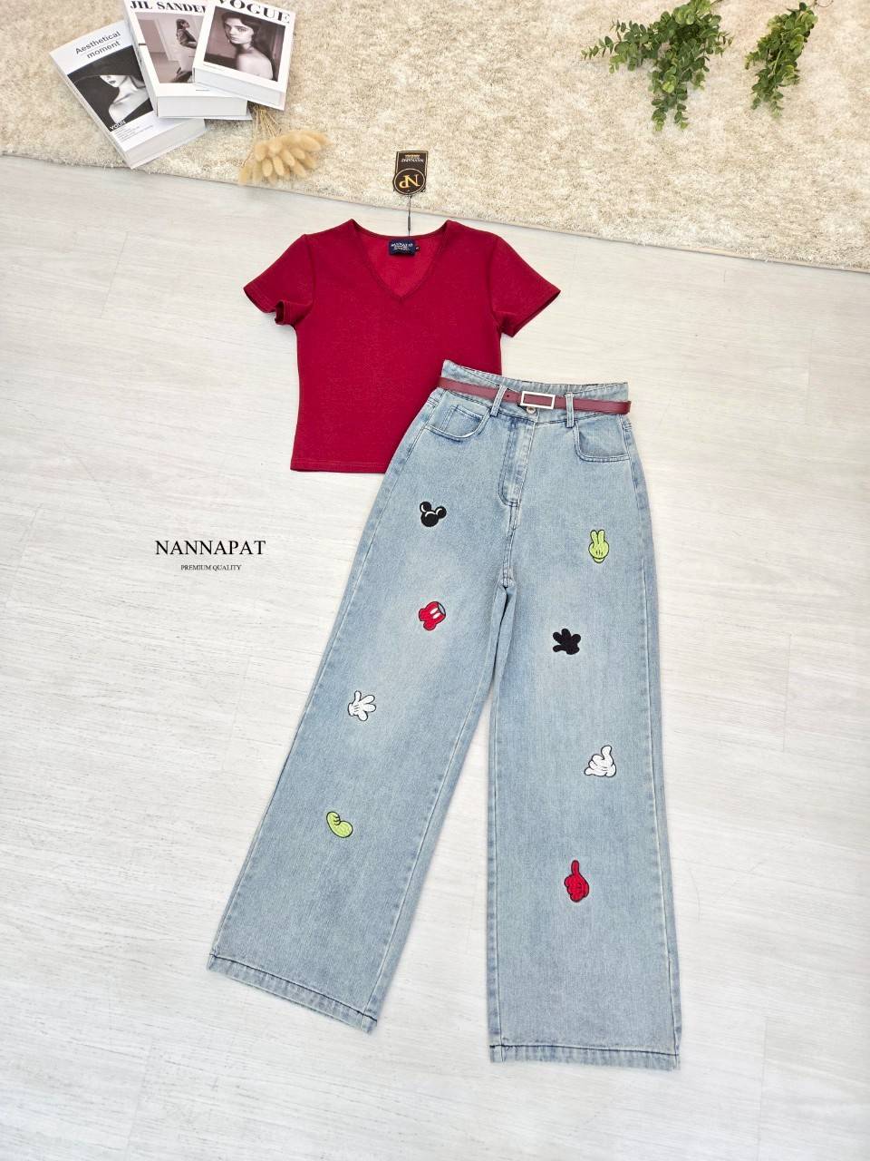 SET 3 ชิ้น เสื้อผ้ายืดนุ่ม +กางเกงผ้ายีนส์แท้ฟอกซีด ทรงสวย +เข็มขัดด้วย