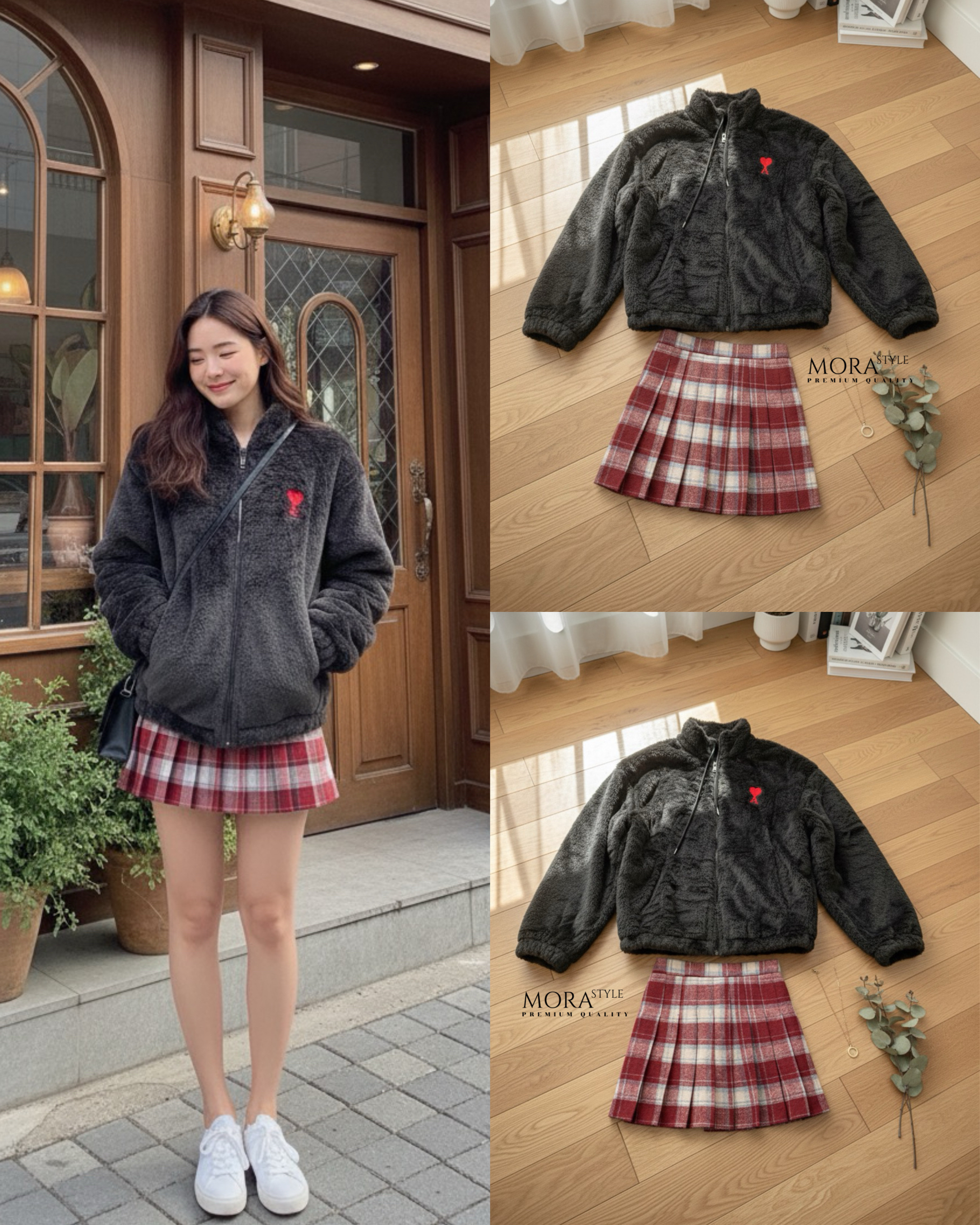 เซ็ต 2 ชิ้น เสื้อแจ็คเก็ตโอเวอร์ไซด์ แต่งงานปักช่วงอกมีซิปรูดด้านหน้า ผ้าหนานุ่ม มาพร้อมกับกระโปรงจีบรอบลายสก็อต ใส่แมสช์สวยมากค่ะ