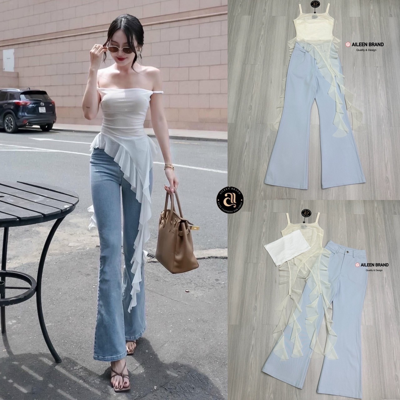 Set 2 ชิ้น เสื้อสายเดี่ยวเนื้อผ้าซีทรูอกเหลี่ยมแขนกุดทรงพอดีตัว ( ไม่เสริมฟองน้ำไม่มีซิปหลัง ) ชายแต่งปล่อยชายเฉียงเป็นระบายทั้งด้านหน้าและด้านหลัง มีเกาะอกสีขาวซับในแยกชิ้นให้อีกชิ้น มาพร้อมกับกางเกงขายาวเอวสูงสีฟ้าอมเทากระดุมและซิปด้านหน้า มีกระเป๋าล้วง