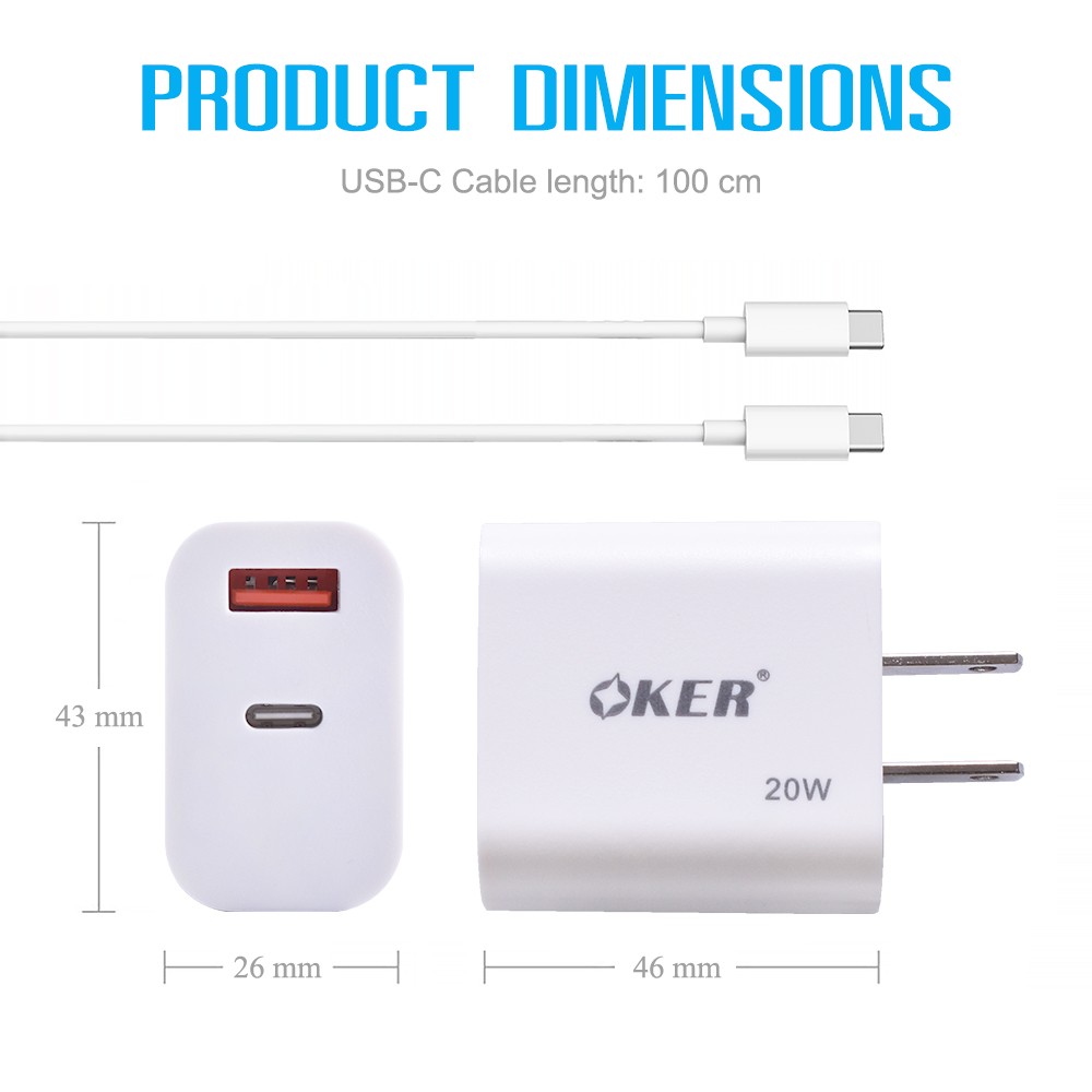 OKER U-242 SMART 20W FAST CHARGER+ USB3.0+PD+CABLE TYPE-C 1M. MB-IP-CH-UC242