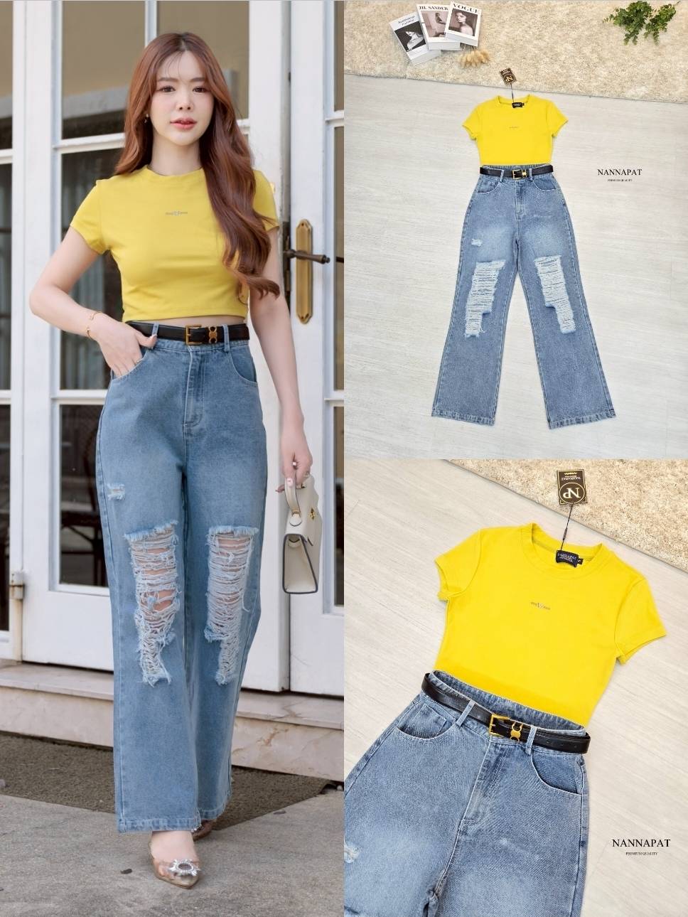 TAG :: NANNAPAT (NP) 🎗️ ชุด เซ็ท เสื้อยืดผ้านุ่มเด้งเข้ารูป +กางเกงยีนส์แท้ฟอกซีดแต่งขาดอย่างจึ้ง