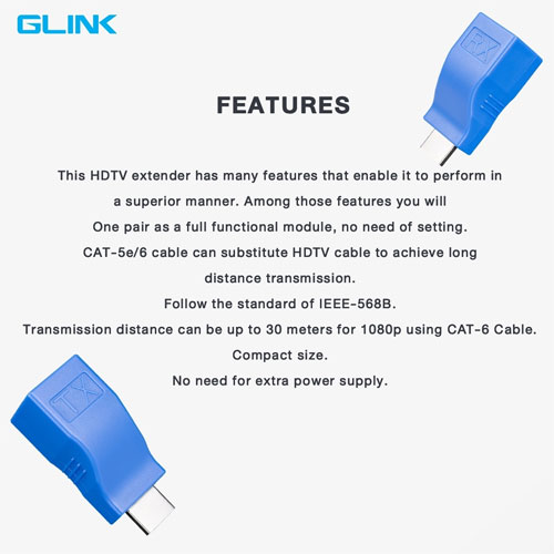 GL033 GLINK HDMI EXTENDER ETHERNET RJ45 UP TO30M. DA-GO-HM-GL033