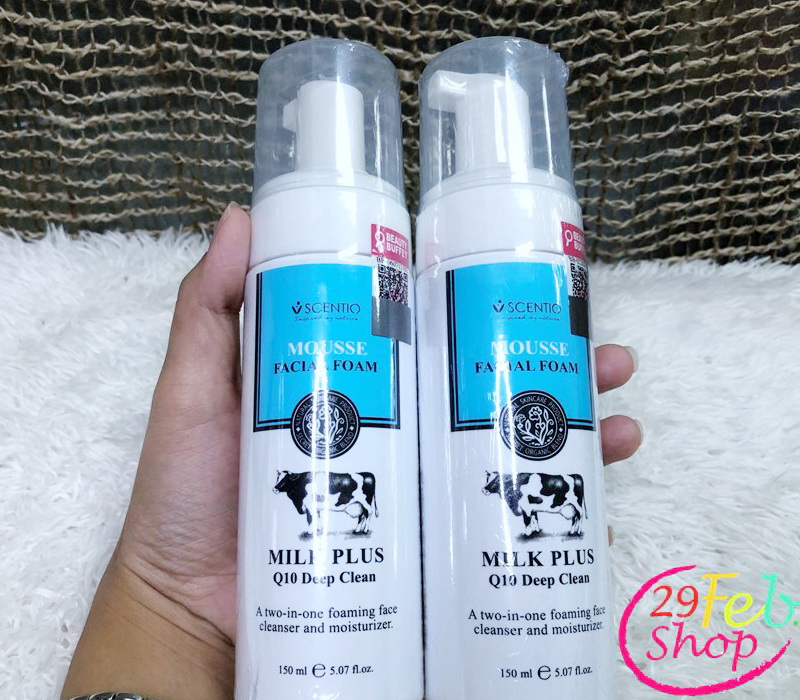 SCENTIO Milk Plus Q10 Deep Clean Mousse Facial Foam เซนทิโอ มิลค์พลัส คิวเทน ดีพ คลีน มูส เฟเชียล โฟม 150 ml