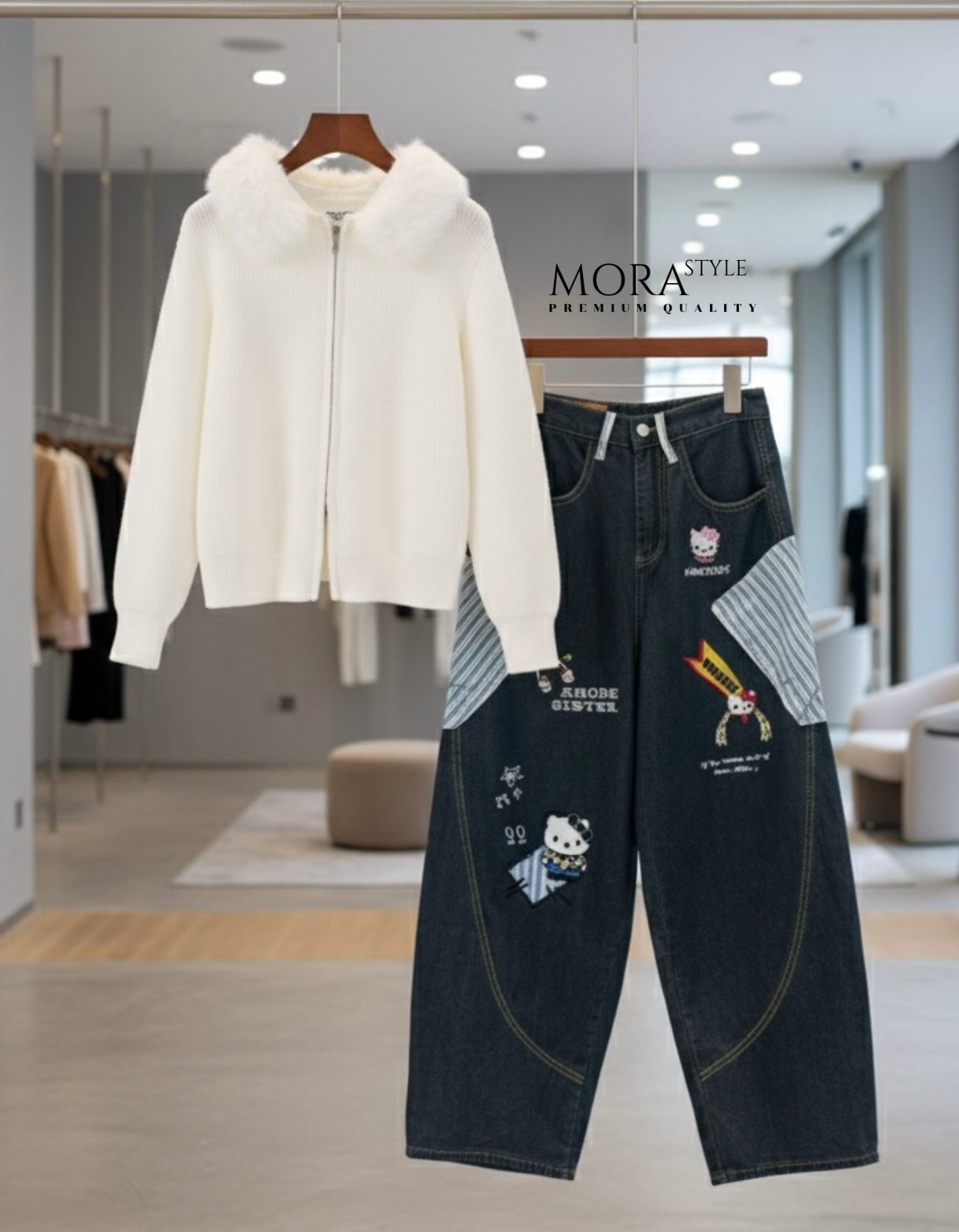 เซ็ท 2 ชิ้น กางเกงยีนส์เอวสูงขากระบอกใหญ่ทรงหลวมมีสม๊อคด้านหลัง ปักน้องการ์ตูนสุดน่ารัก แต่งกระเป๋าลายสก๊อตสีฟ้า มาพร้อมกับเสื้อไหมพรหมแขนยาวแต่งขนเฟอร์ช่วงคอมีซิปรูดด้านหน้าผ้ายืดหยุ่นใส่สบายเป็นอีกหนึ่งคอลเลคชั่นหน้าหนาวนี้ที่ต้องมีติดตู้นะคะ