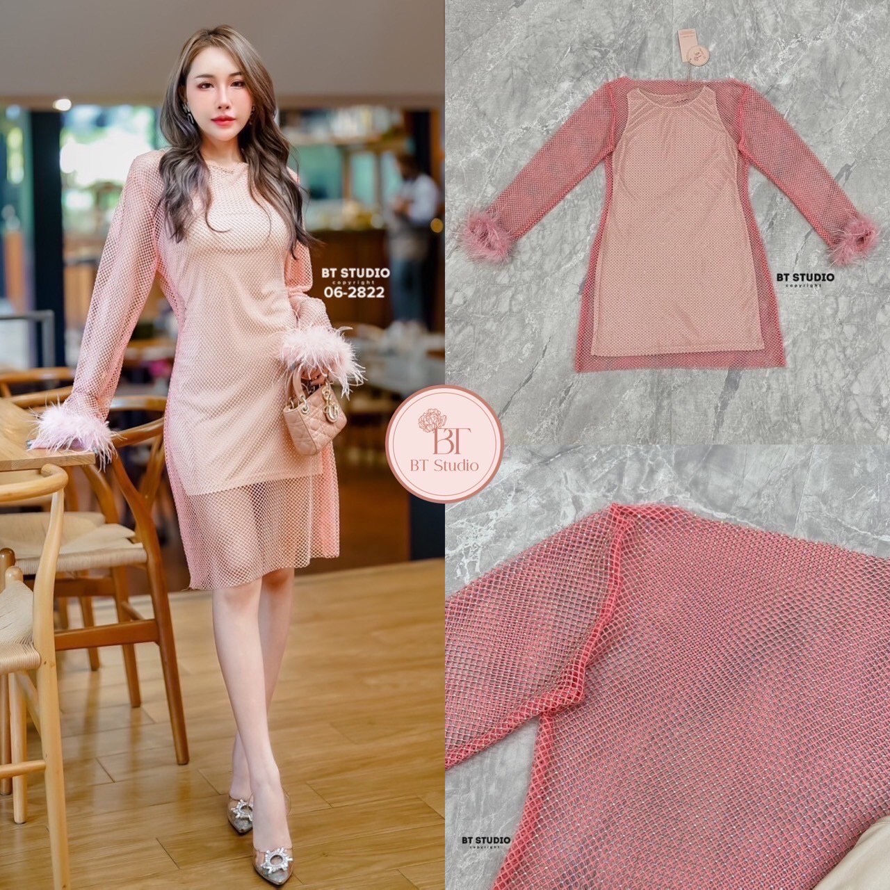 เซท 2 ชิ้น เดรสสั้นแขนยาว เนื้อผ้าตาข่ายแต่งคริสตัลเม็ดเล็ก ๆ ทุก ๆ ช่อง งานสวยม๊าก ปลายชายแขนแต่งขนฟู ๆ ทั้งสองข้าง มาพร้อมซับในสีนู๊ดแขนกุด แมทซ์กันสวย แซ๊บบ แต่ดูแพงค่ะ