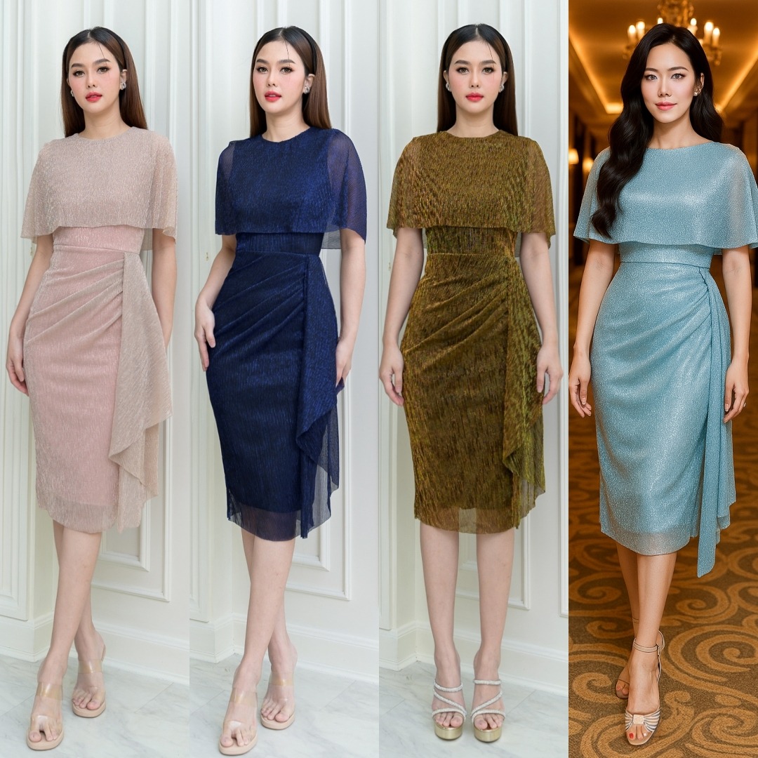 Label : LUXE เดรสเสื้อคอกลมแขนกุด ดีเทลเป็นเสื้อคลุมไหล่ในตัว กระโปรงทรงสอบจับเดรป แต่งชายระบาย ทำจากผ้าราเม่อัดพลีท ผสมดิ้นเมทัลลิค มีประกายเล่นแสงสวย ผ้านุ่มยืดหยุ่น คัตติ้งประณีต มีซิปซ่อนและซับในเต็มตัวค่ะ