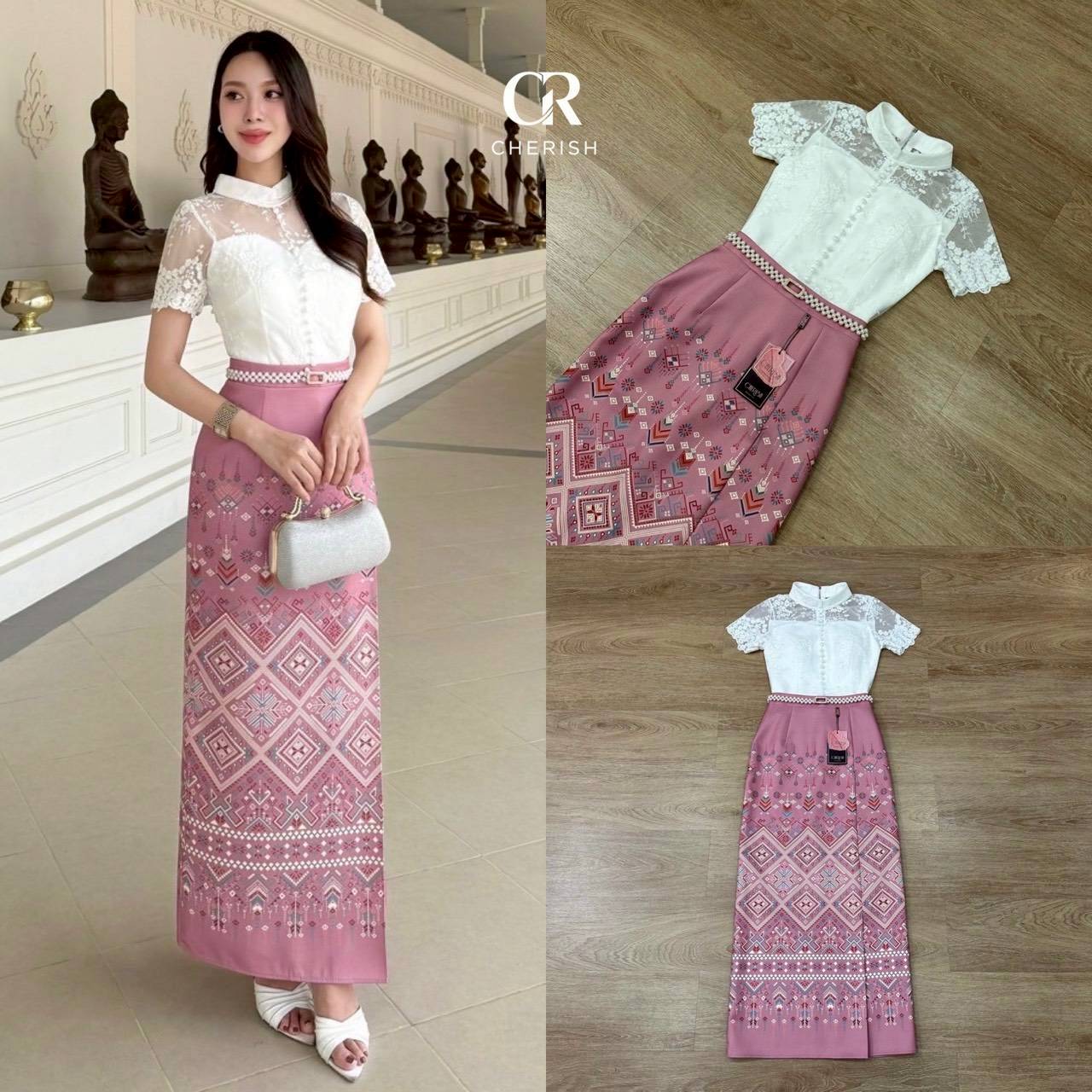 เซ็ทชุดไทย ชุดงานบุญ 3 ชิ้น เสื้อลูกไม้แต่งกระดุมมีซับในอย่างดี ใส่คู่ผ้าถุงสำเร็จเนื้อผ้าใส่สบาย จัดเข็มขัดมุกมาให้ครบเซ็ท สาวๆสายบุญ หรือจะใส่เป็นธีมชุดเพื่อนเจ้าสาวก็เหมาะ ใส่ได้ทุกเทศกาล