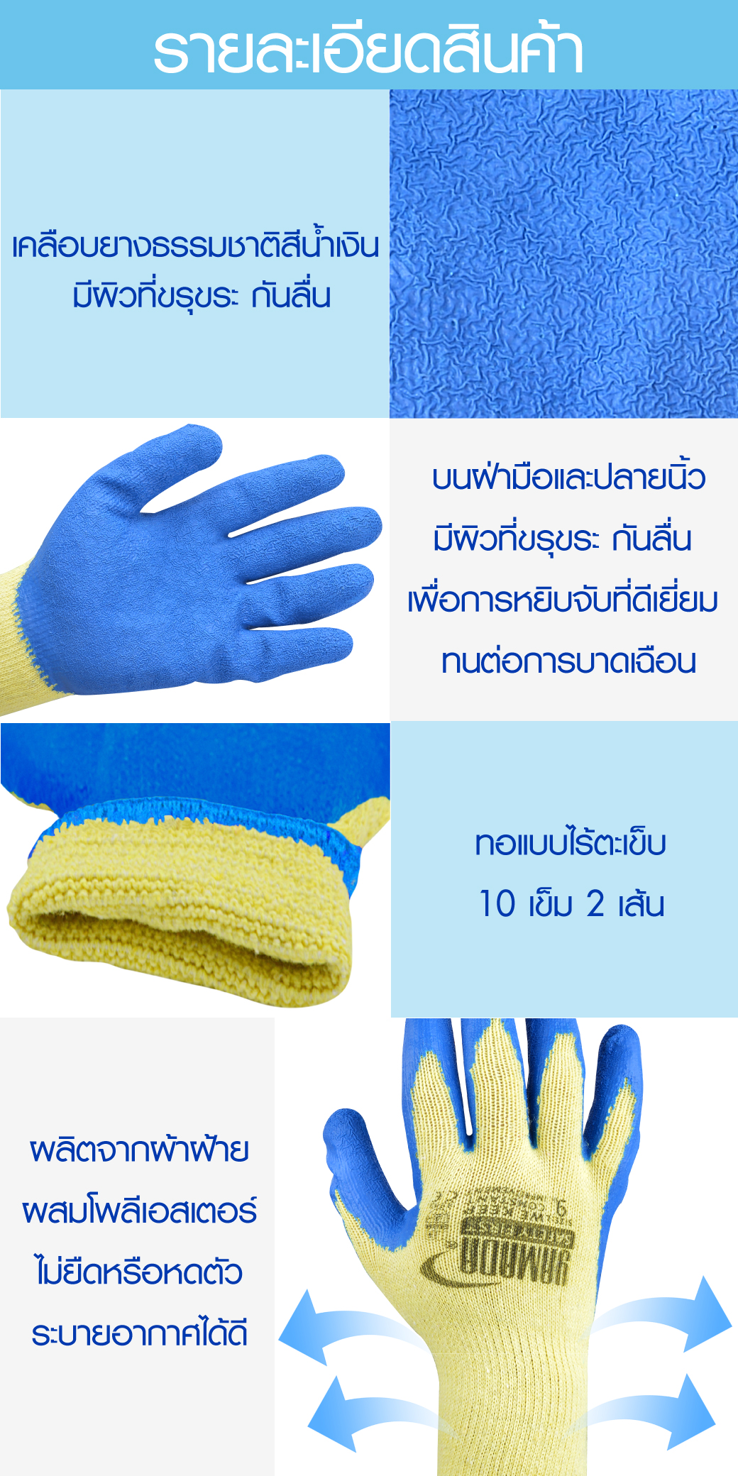 ถุงมือคอตตอนเคลือบยางธรรมชาติ รุ่น 8041 / 9041 สีน้ำเงิน YAMADA