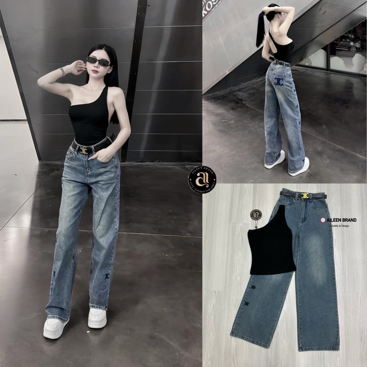 Set 2 ชิ้น เสื้อสีดำดีไซน์ไหล่เดียวทรงพอดีตัว ผ้านิ่มใส่สบาย ( ไม่เสริมฟองน้ำ ไม่มีซิปหลัง ) มาพร้อมกับกางเกงยีนส์ขายาวทรงกระบอกใหญ่ เนื้อผ้ายีนส์แท้ฟอกสีสวย กระดุมและซิปหน้า ปักลายตรงด้านข้าง และยังมีเข็มขัดหนังหัวเข็มขัดสีทองให้อีกเส้น สวยมากๆค่ะ