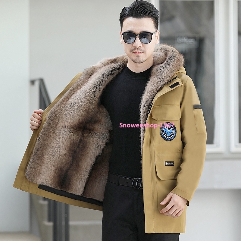 เสื้อแจ็คเก็ตขนมิงค์แบบมีฮู้ด Winter Parka บุขนด้านในหนา ซับในถอดแยกได้ เสื้อกันหนาวสำหรับผู้ชายใส่เที่ยวต่างประเทศ ซับในขนมิงค์ผสมกำมะหยี่ สไตล์แคนาดากูส มี 2 สี